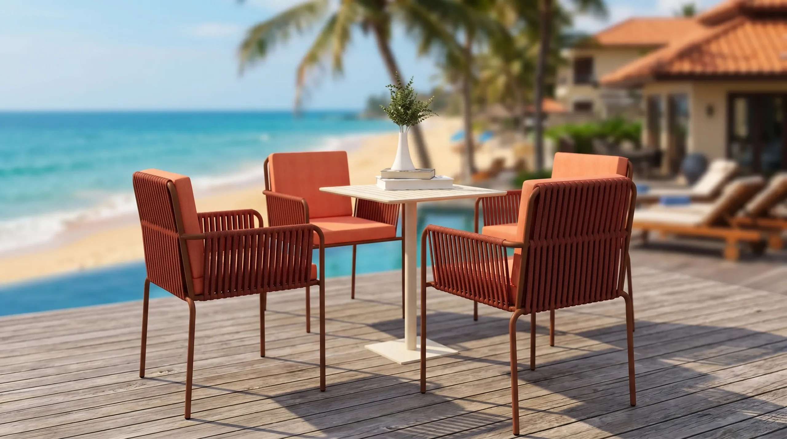 Outdoor Rope Dining Set with 4 Terracotta Cushion Armchairs & Square Patio Table for Café Garden Hotel