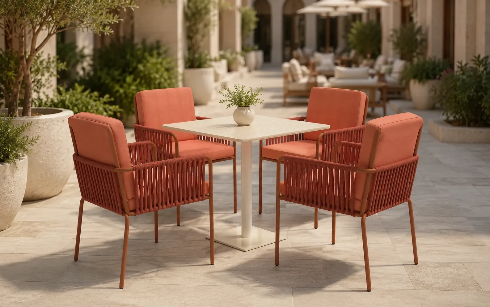 XIMU Furniture outdoor rope dining set with 4 terracotta cushion armchairs and square patio table