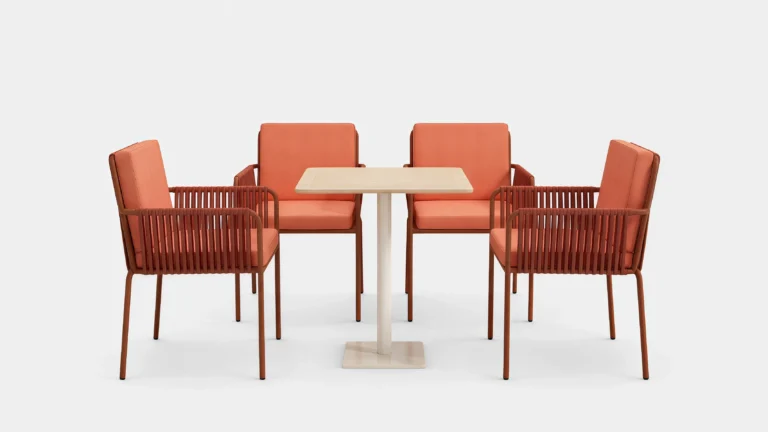 Outdoor Rope Dining Set with 4 Terracotta Cushion Armchairs & Square Patio Table for Café Garden Hotel