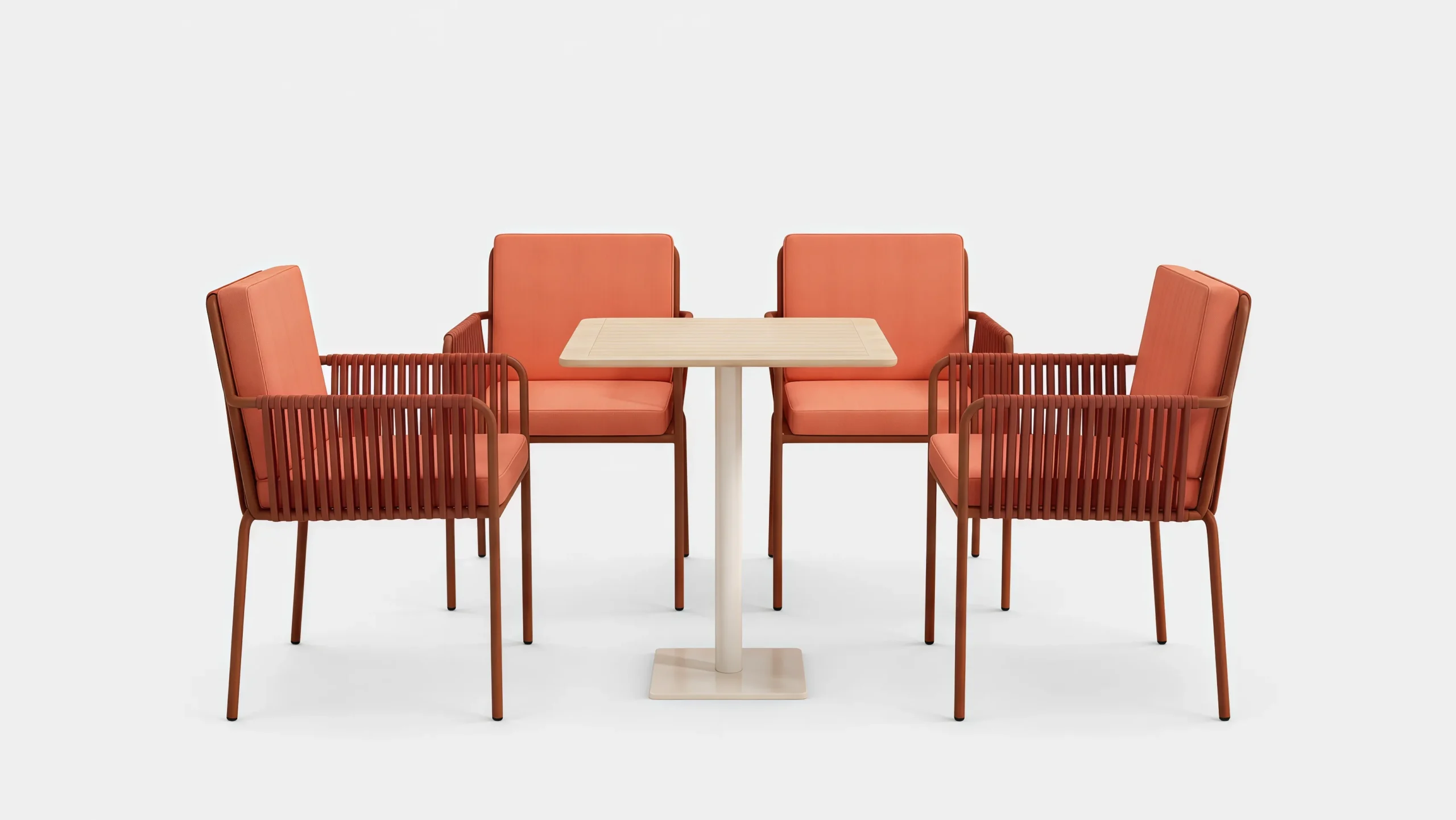 Outdoor Rope Dining Set with 4 Terracotta Cushion Armchairs & Square Patio Table for Café Garden Hotel