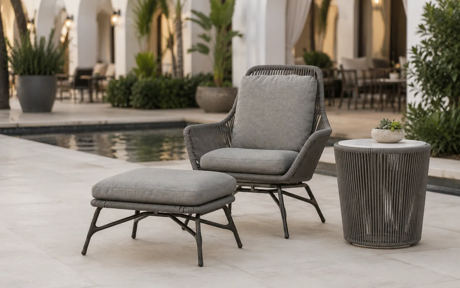 XIMU Furniture outdoor rope lounge chair and ottoman set with round side table