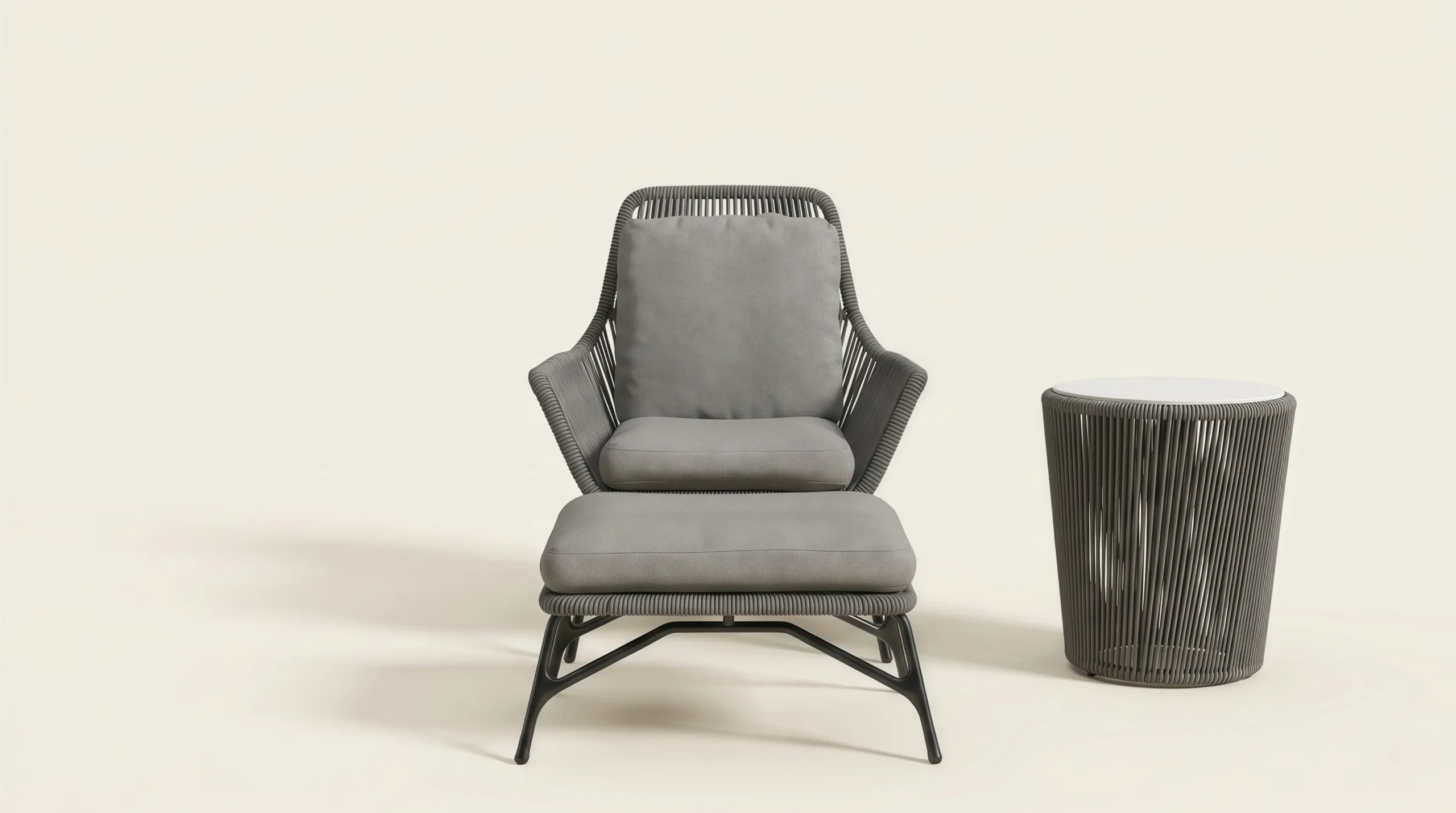 Outdoor Rope Lounge Chair and Ottoman Set with Side Table for Poolside Patio Hotel Terrace