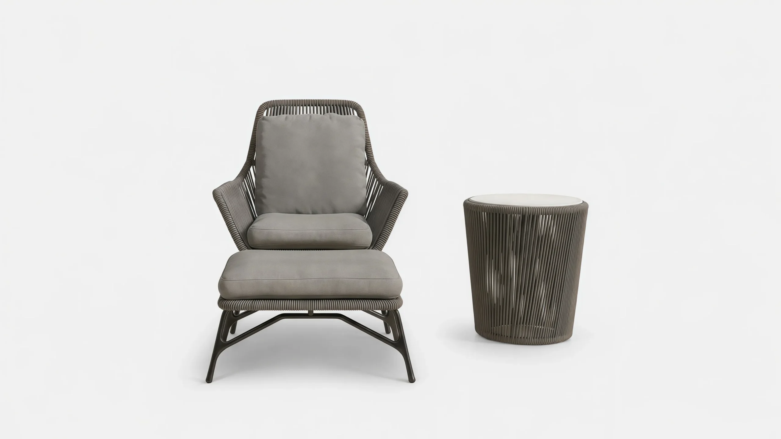 Outdoor Rope Lounge Chair and Ottoman Set with Side Table for Poolside Patio Hotel Terrace