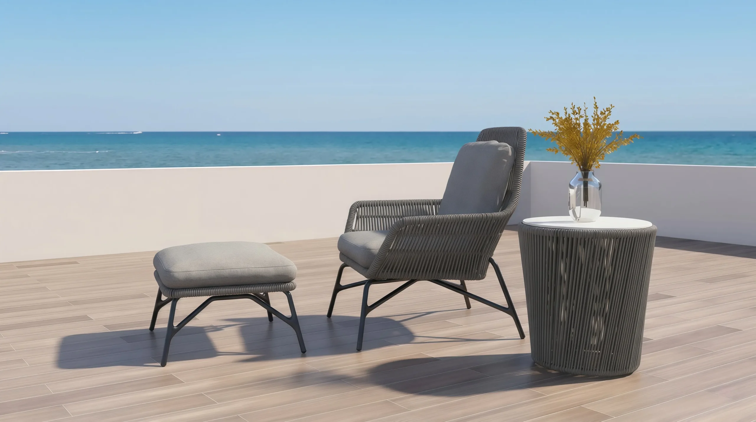 Outdoor Rope Lounge Chair and Ottoman Set with Side Table for Poolside Patio Hotel Terrace