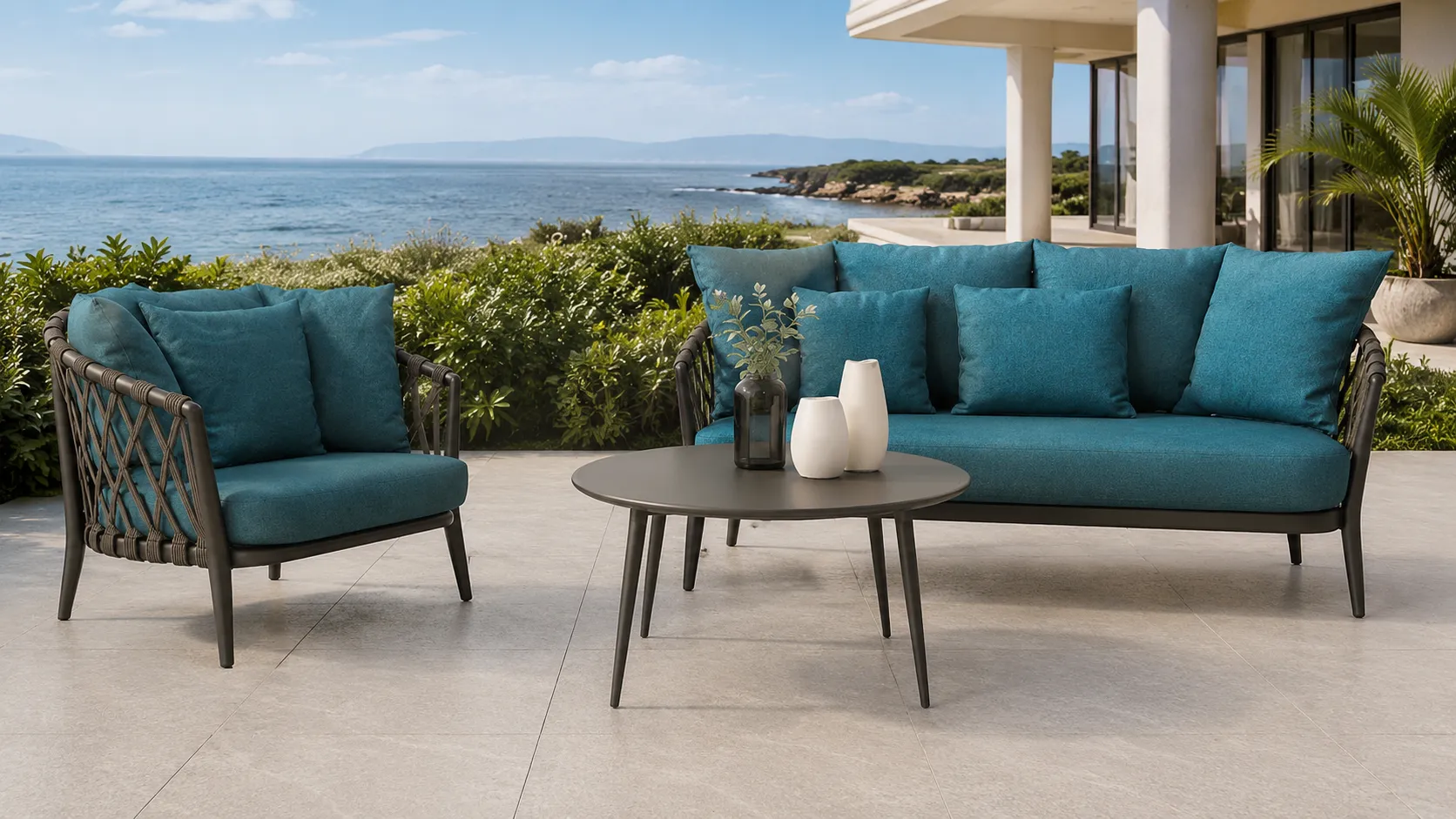 Outdoor Rope Conversation Set with Teal Cushions, Sofa, Lounge Chair & Round Coffee Table for Patio Hotel