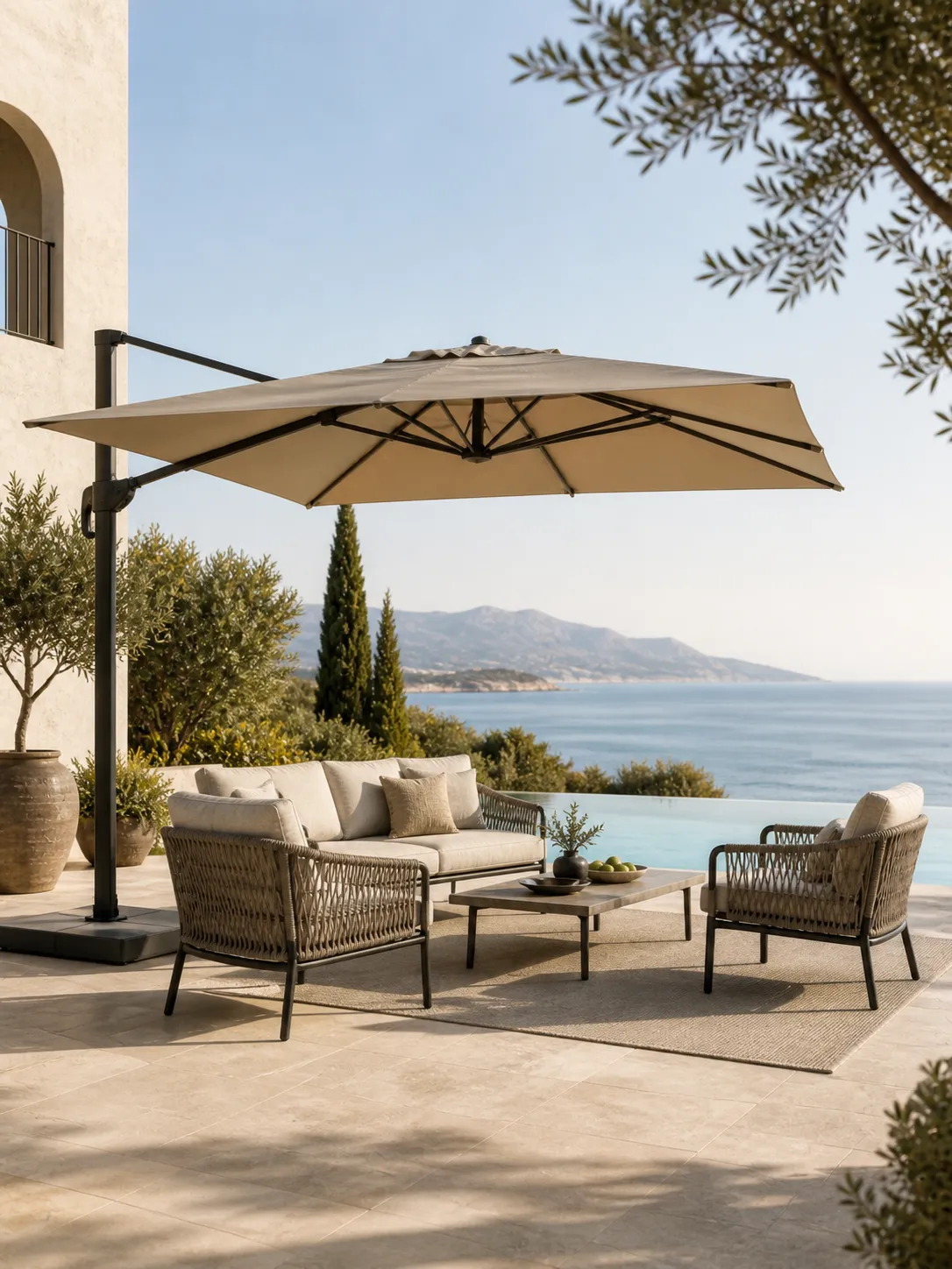 Outdoor shading solutions including aluminum pergolas, cantilever umbrellas and commercial shade systems
