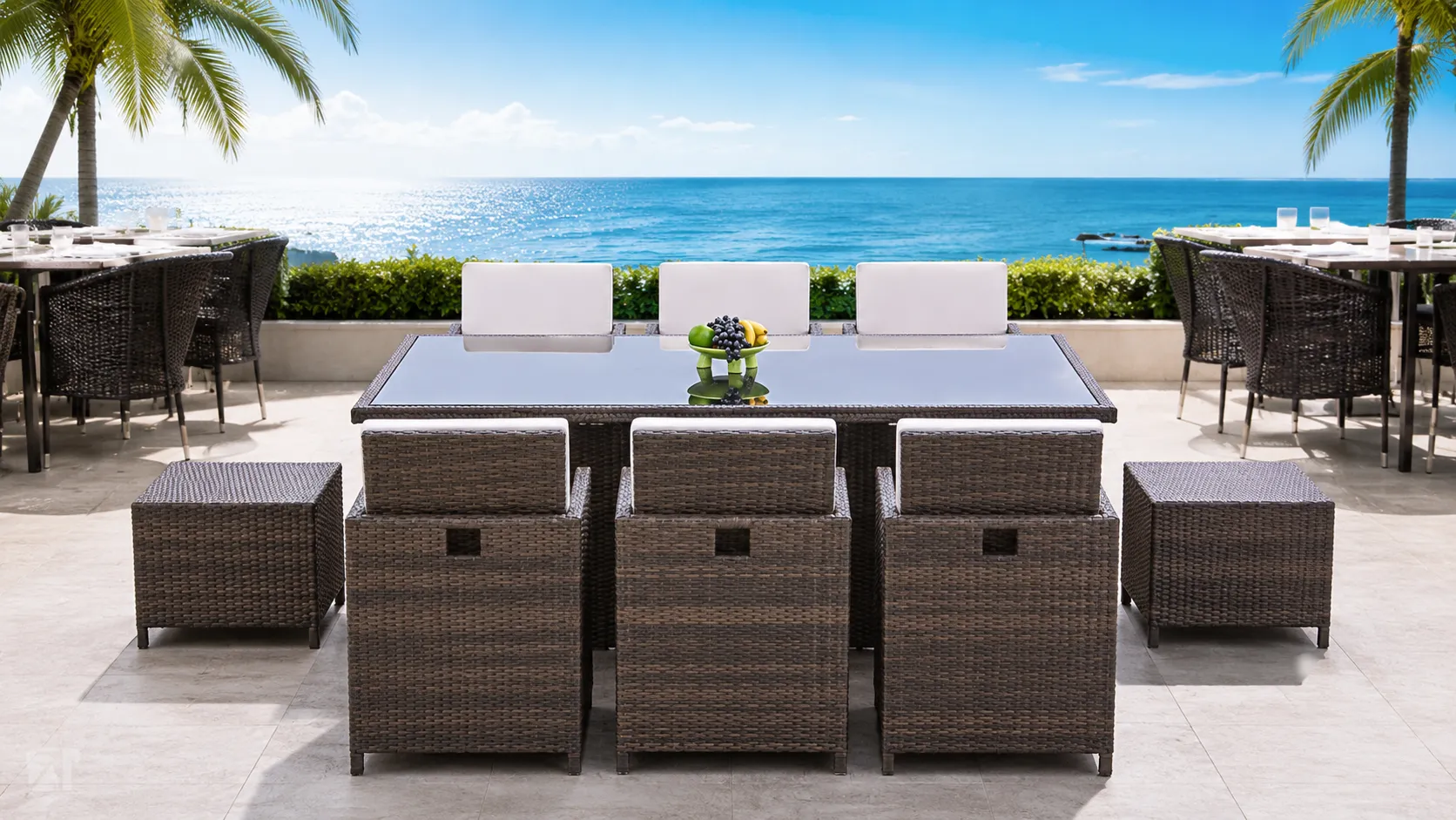 PE Rattan Patio Dining Set with 6 Chairs, 2 Stools & Rectangular Glass Table for Hotel Outdoor Dining