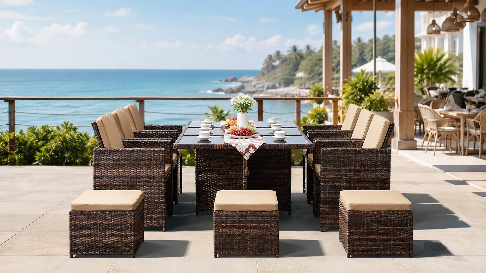 PE Rattan Outdoor Dining Set with 6 Chairs, 4 Stools & Rectangular Glass Table for Hotel Patio