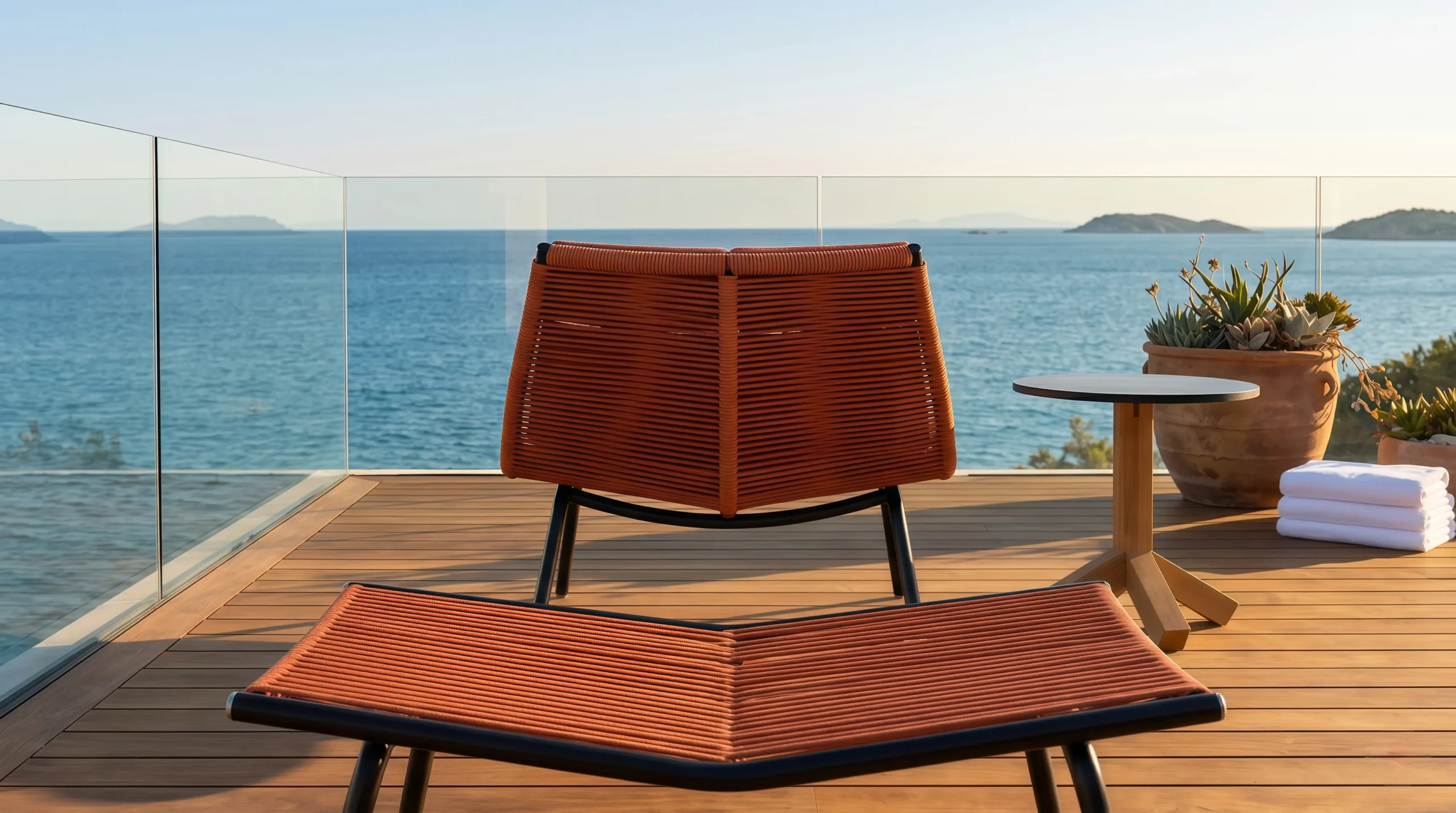 Outdoor Rope Lounge Chair with Ottoman & Side Table for Hotel Terrace Poolside Patio