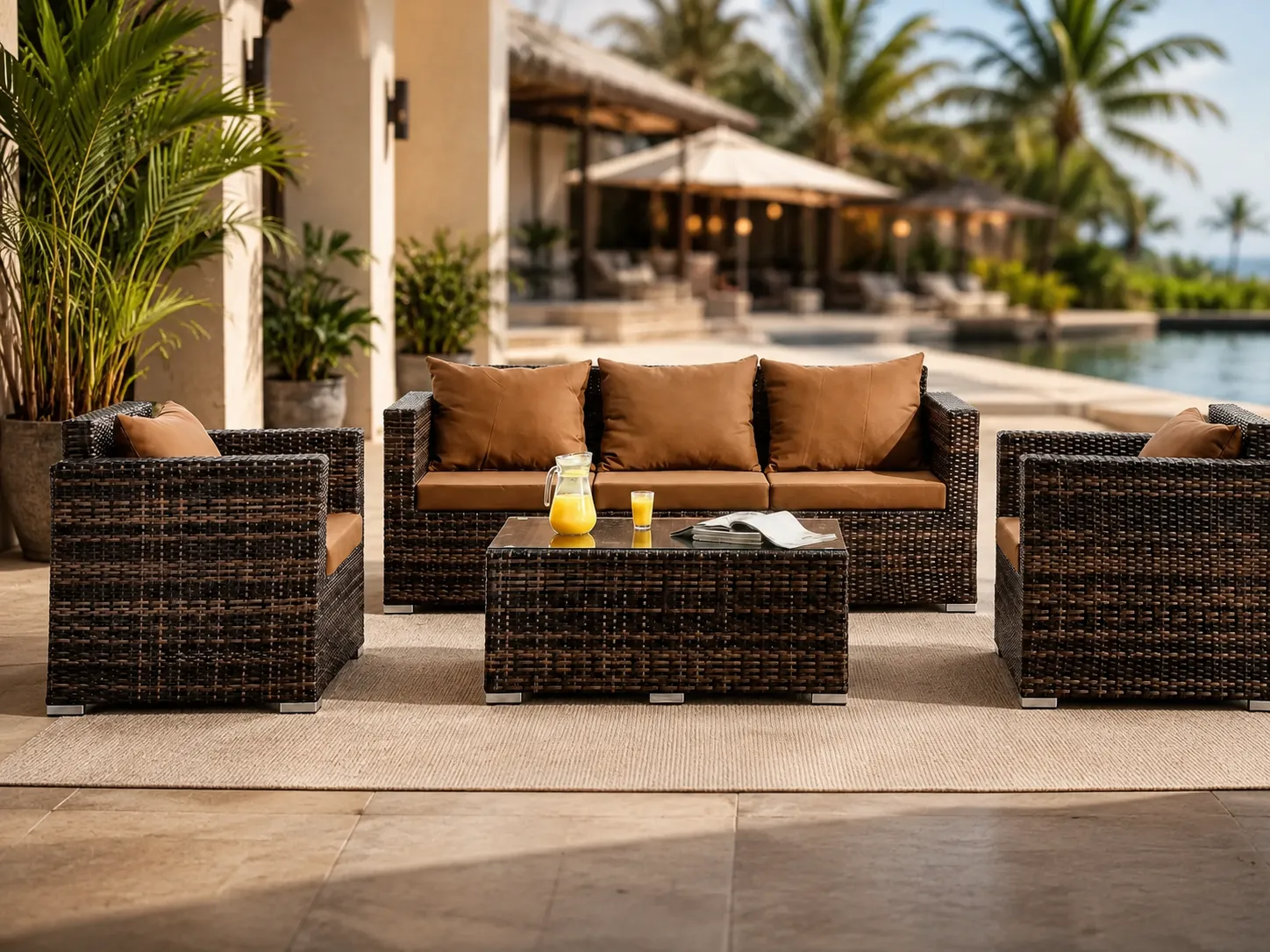 PE rattan outdoor conversation sofa set used in a patio lounge area