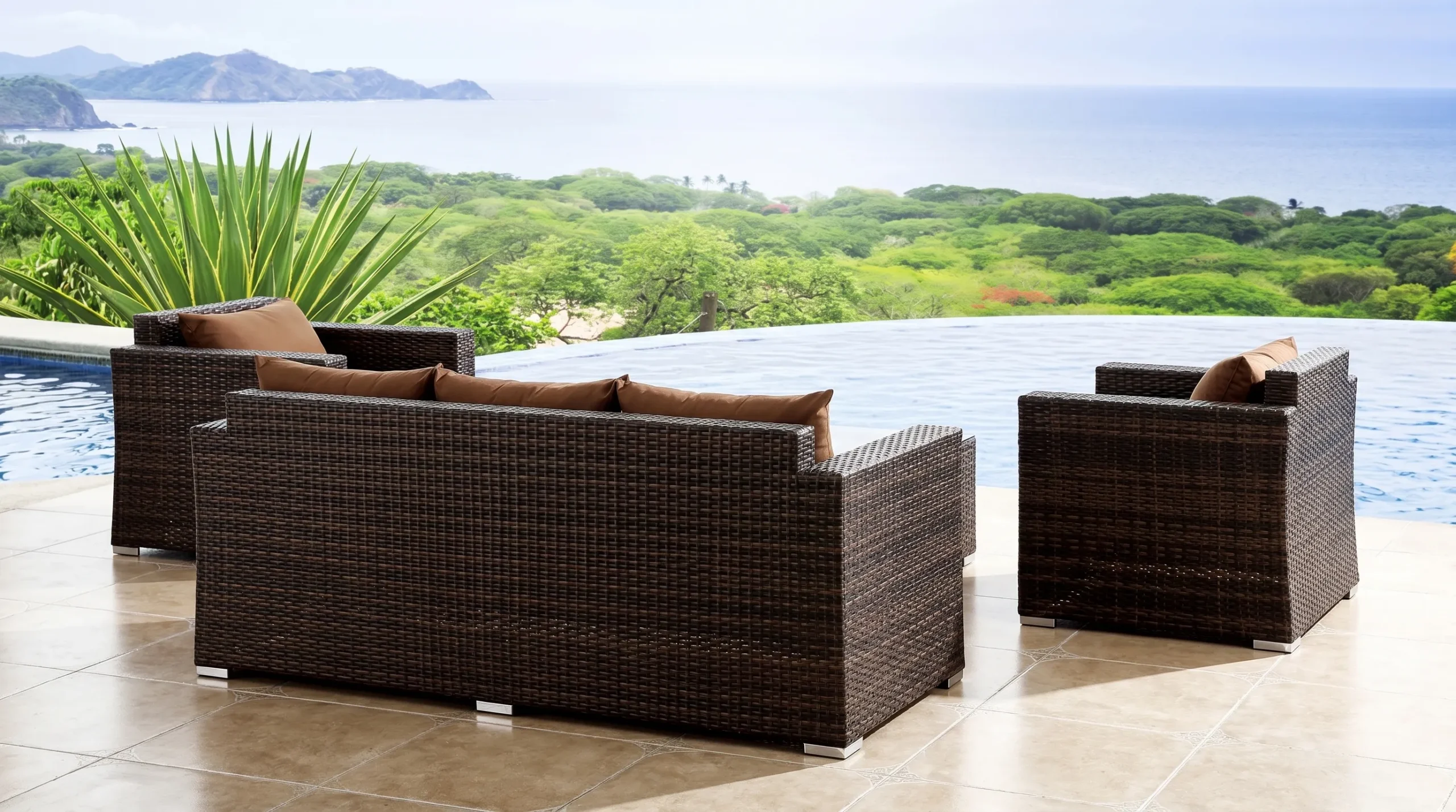 PE Rattan Outdoor Conversation Sofa Set with Armchairs & Coffee Table