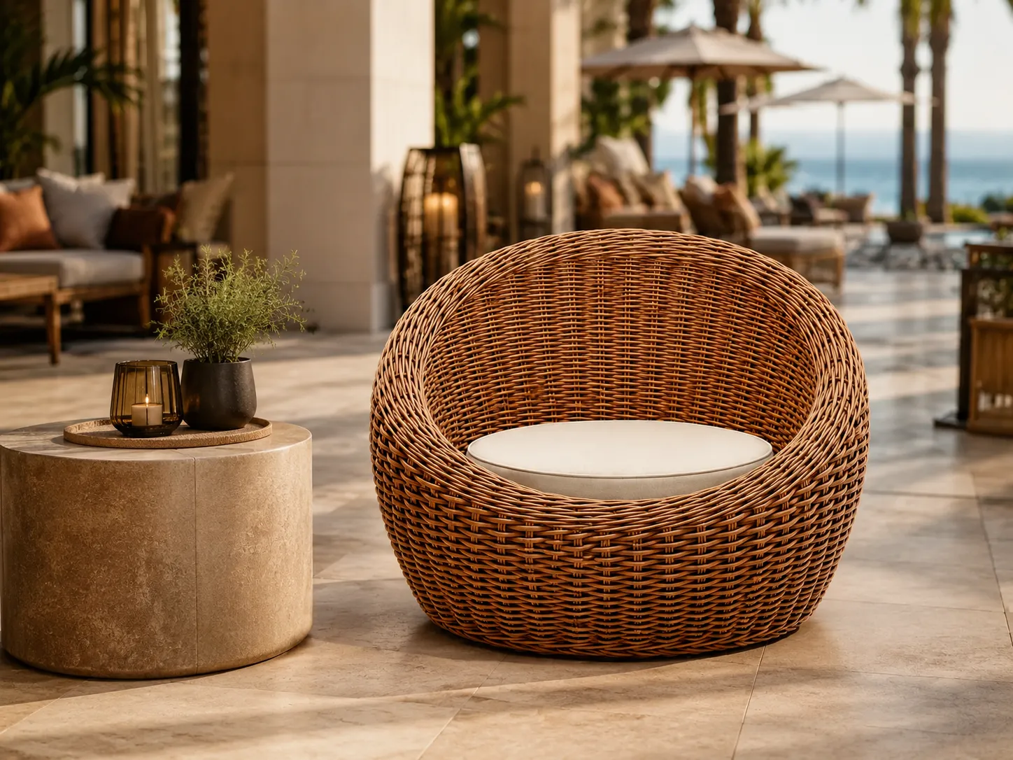PE rattan outdoor lounge chair used in a patio seating area