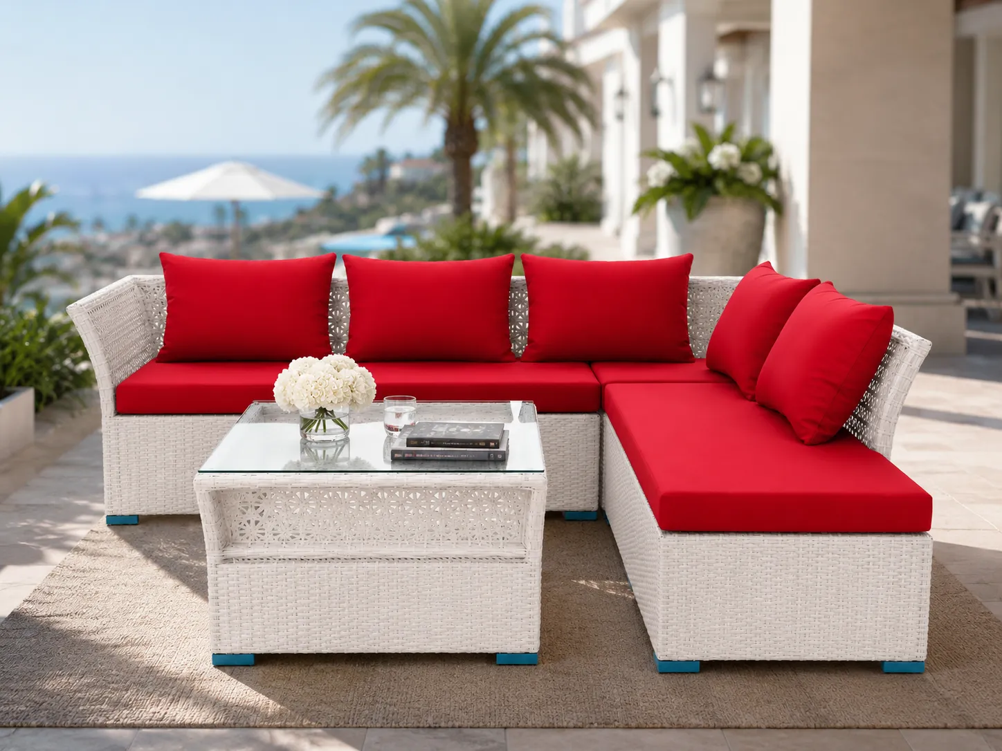 PE rattan outdoor sectional sofa set used in a patio lounge area