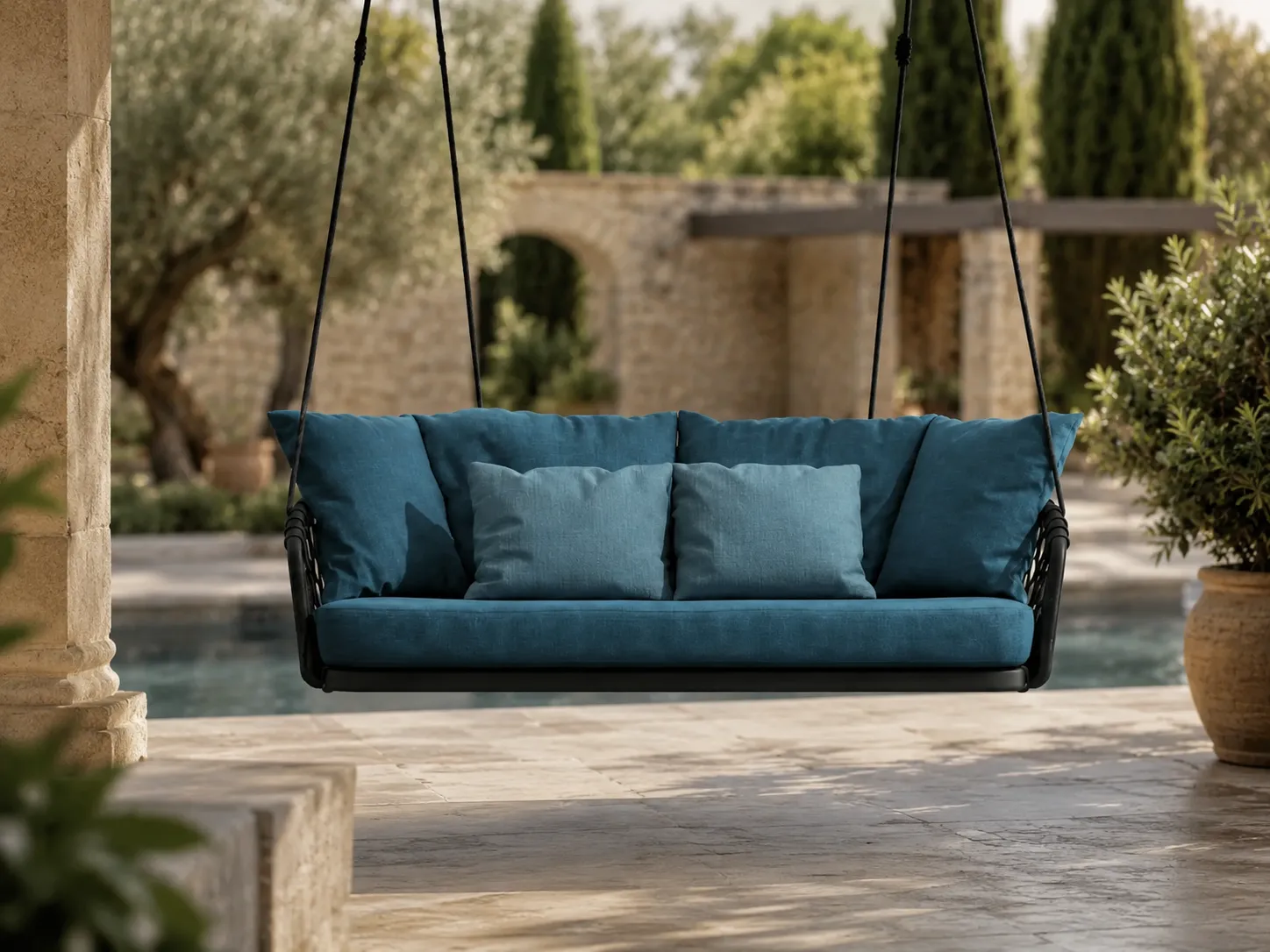 Rope outdoor hanging swing sofa with blue cushions for patio leisure seating