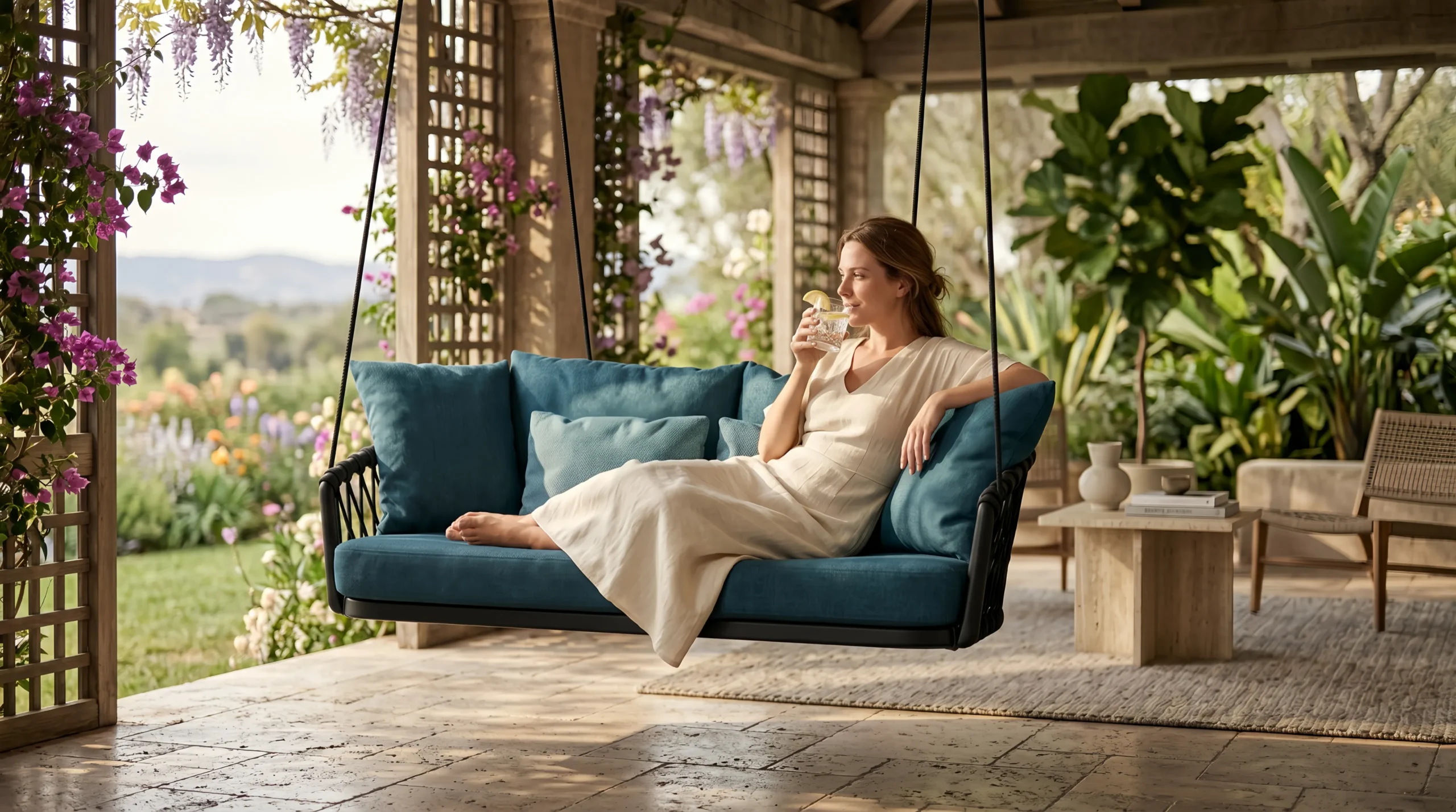 Rope Outdoor Hanging Swing Sofa with Blue Cushions