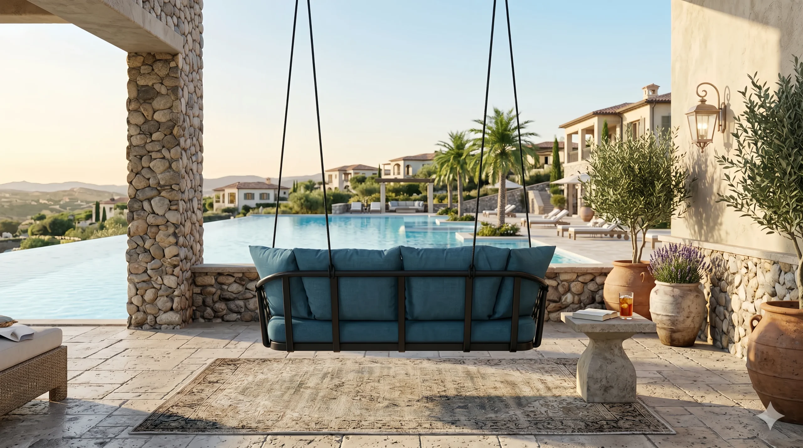 Rope Outdoor Hanging Swing Sofa with Blue Cushions