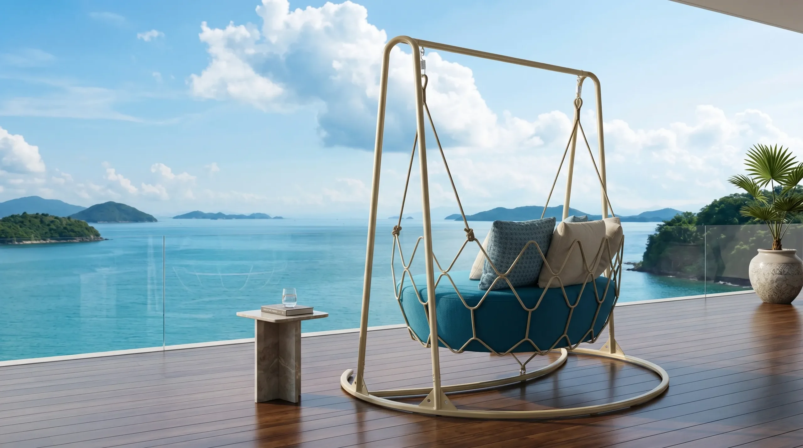 Stainless Steel Outdoor Hanging Swing Chair with Blue Cushion