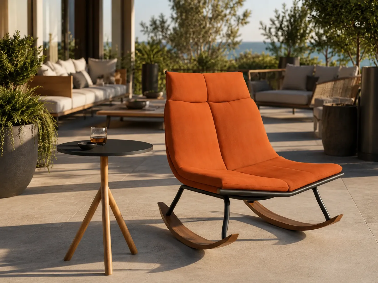 Teak outdoor rocking lounge chair used in a patio leisure area