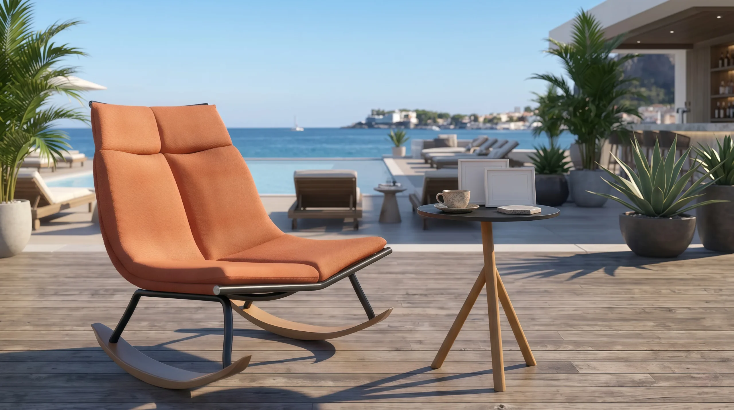 Teak Outdoor Rocking Lounge Chair with Orange Cushion