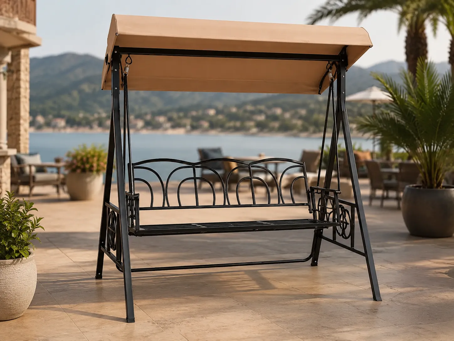 Three-seater swing chair for patio outdoor seating projects