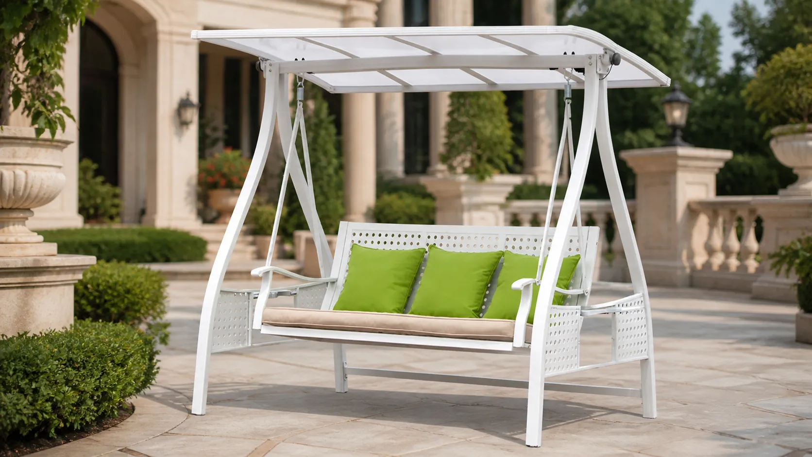 White Outdoor Canopy Swing Sofa for Patio and Garden Spaces
