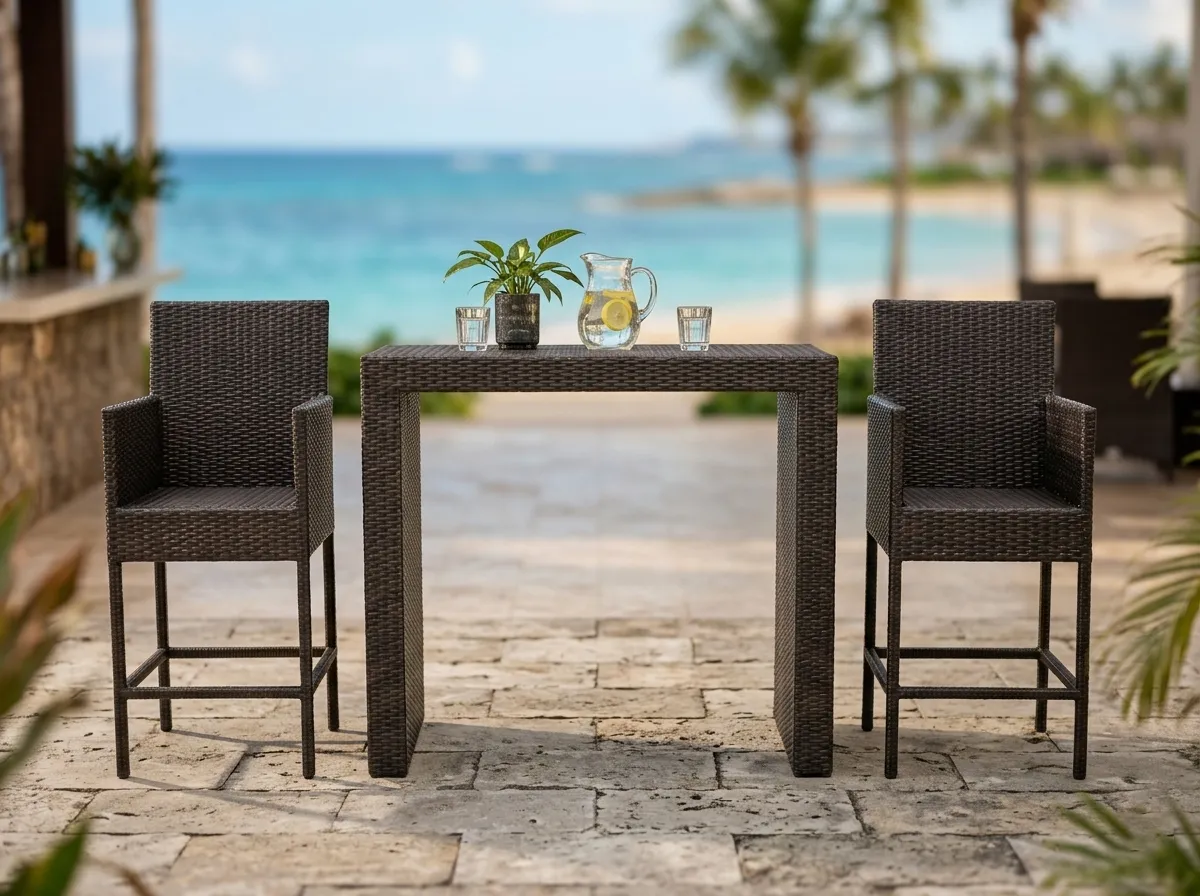 Outdoor wicker bar table and stools set for patio hospitality spaces