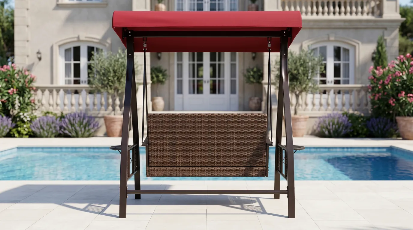 Wicker Outdoor Canopy Swing Chair with Red Cushions