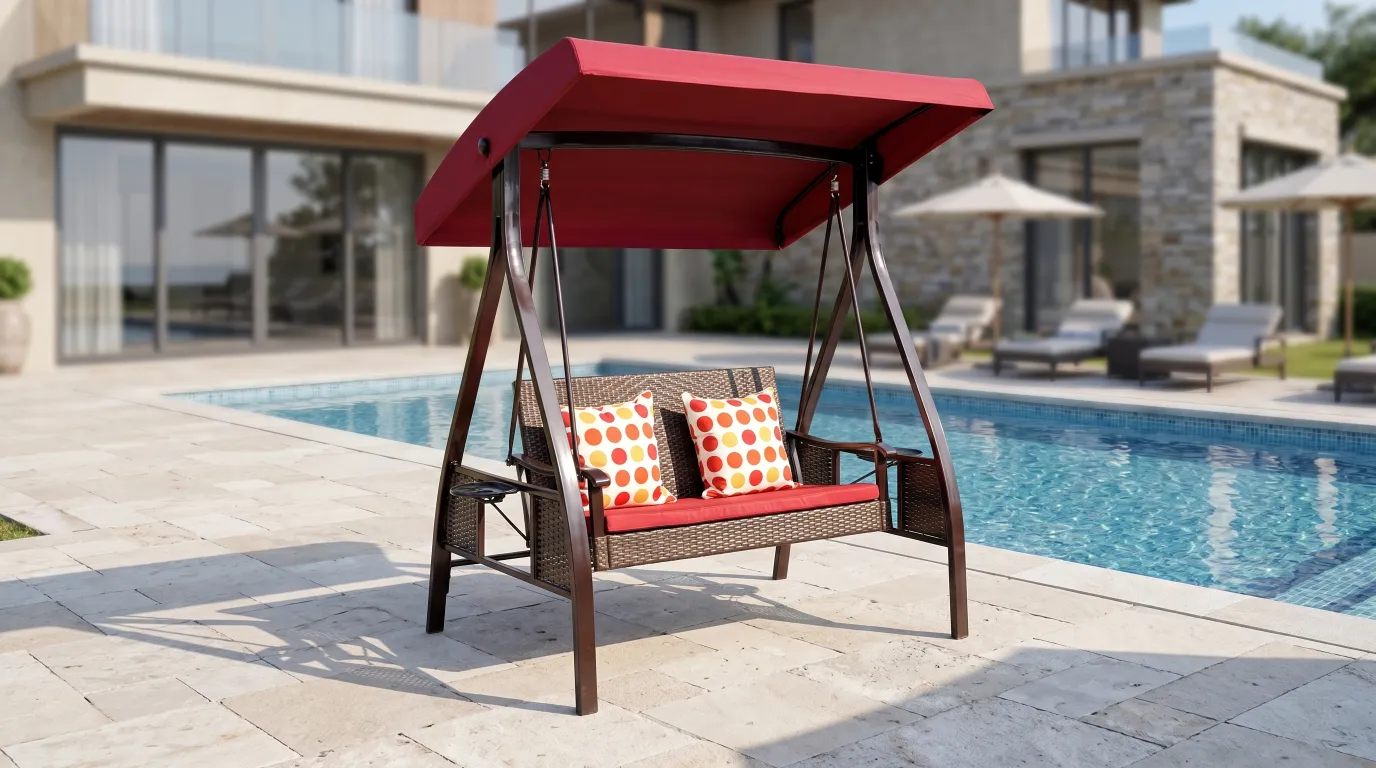 Wicker Outdoor Canopy Swing Chair with Red Cushions