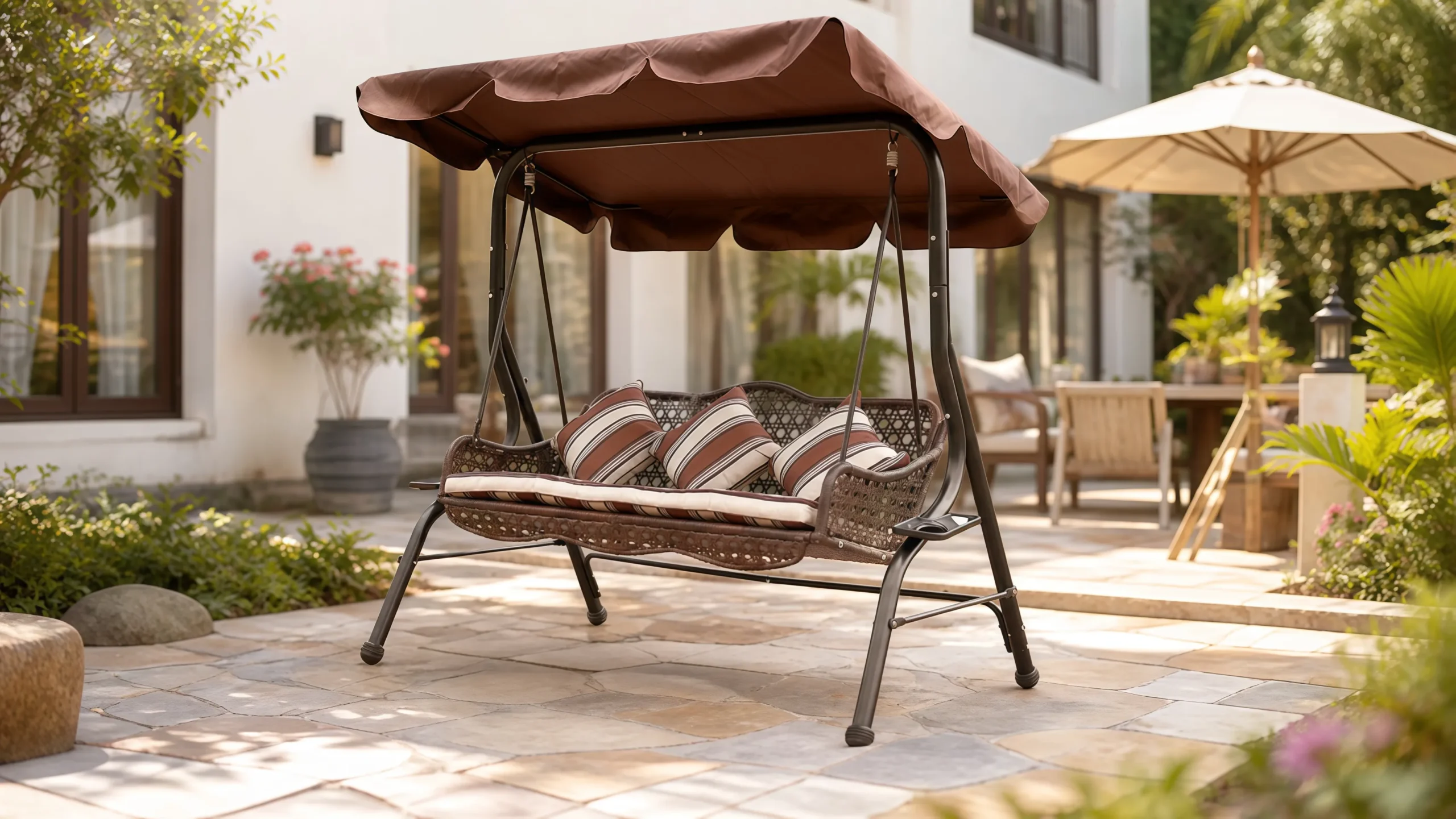 Wicker Outdoor Canopy Swing Sofa for Patio and Garden Spaces