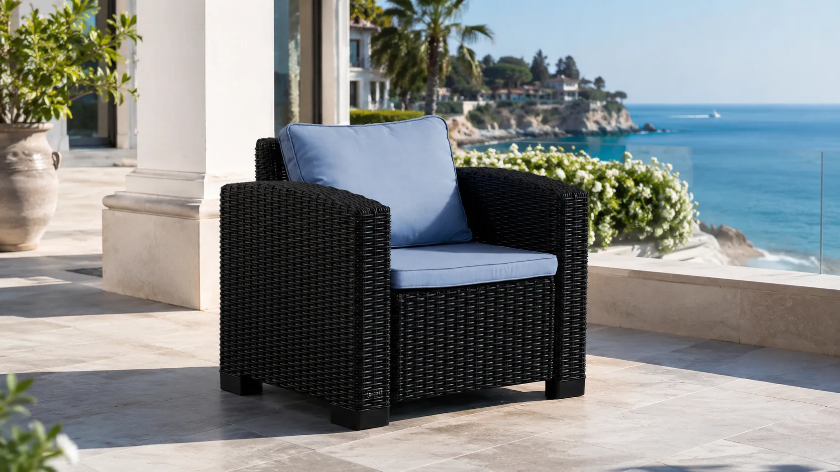 PE Rattan Outdoor Armchair with Cushions for Patio & Resort Seating