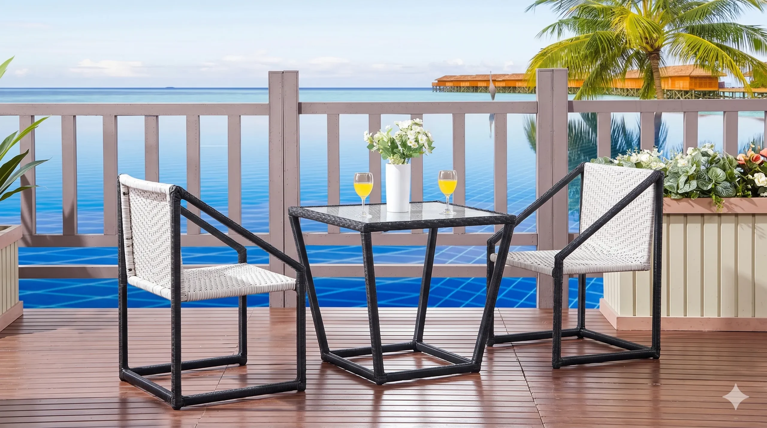 PE Rattan Bistro Set with Black White Chairs & Rectangular Glass Table for Patio Balcony Café