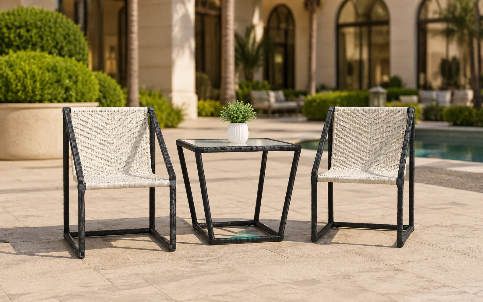 XIMU Furniture PE rattan bistro set with black white chairs and rectangular glass table
