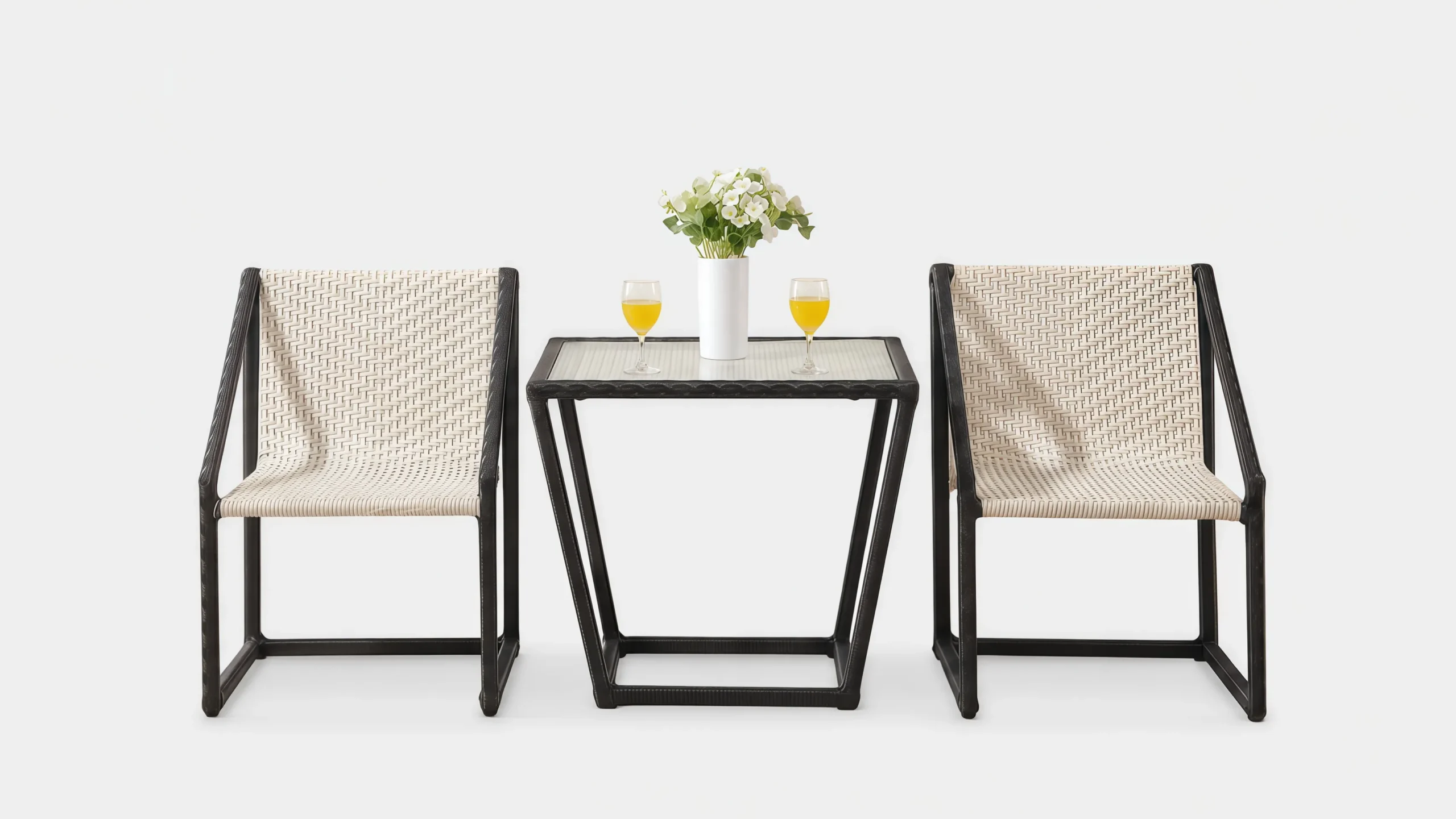PE Rattan Bistro Set with Black White Chairs & Rectangular Glass Table for Patio Balcony Café