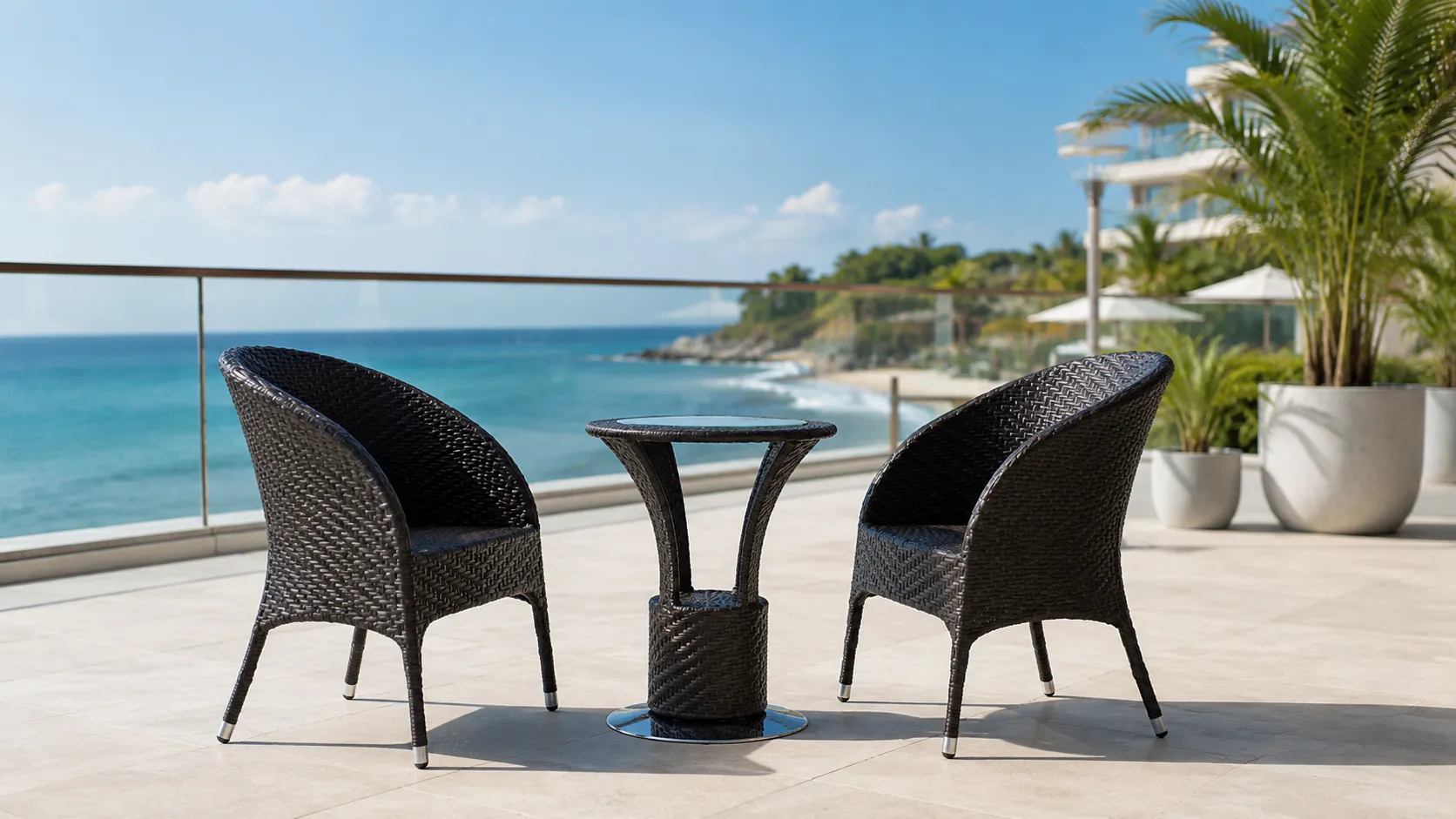 PE Rattan Bistro Set with 2 Chairs & Round Glass Table for Balcony, Patio & Café