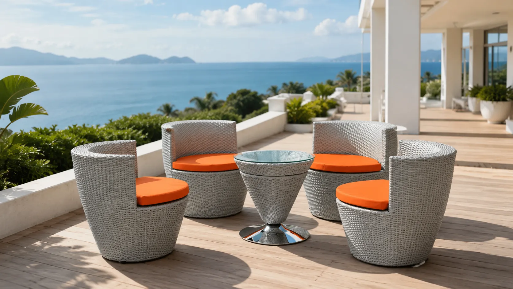 PE Rattan Outdoor Conversation Set with 4 Curved Chairs, Orange Cushions & Round Glass Table