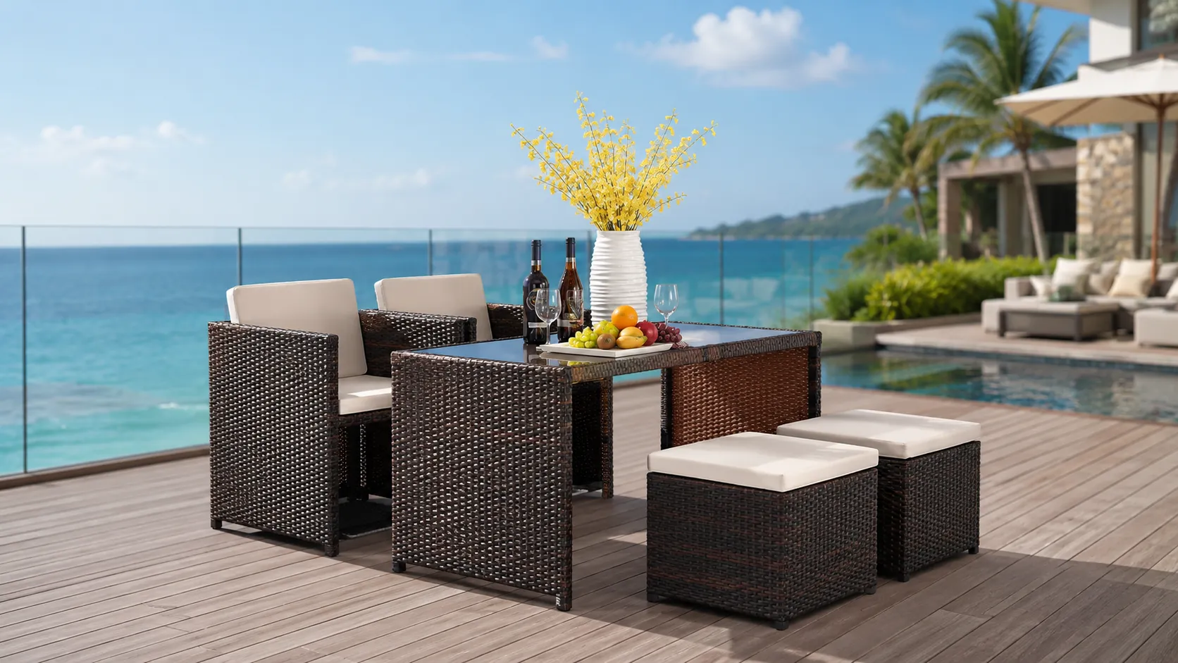 PE Rattan Cube Dining Set with 2 Armchairs, 2 Ottomans & Square Glass Table for Patio Café Hotel