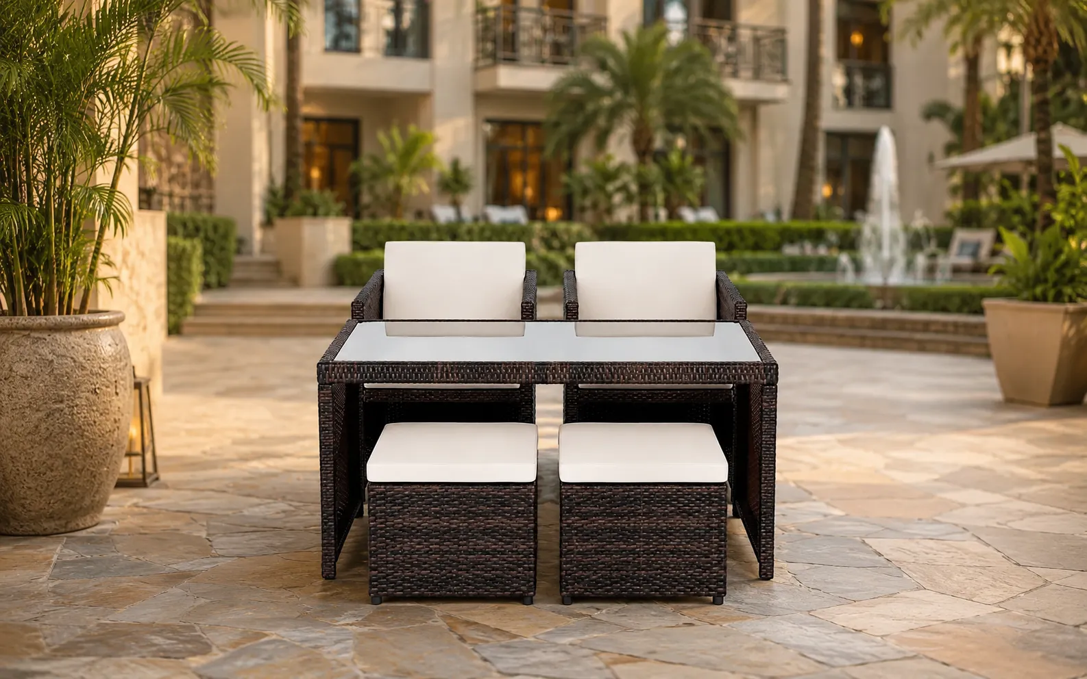 XIMU Furniture PE rattan cube dining set with 2 armchairs, 2 ottomans and square glass table