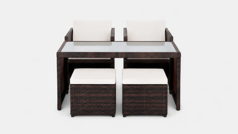 PE Rattan Cube Dining Set with 2 Armchairs, 2 Ottomans & Square Glass Table for Patio Café Hotel