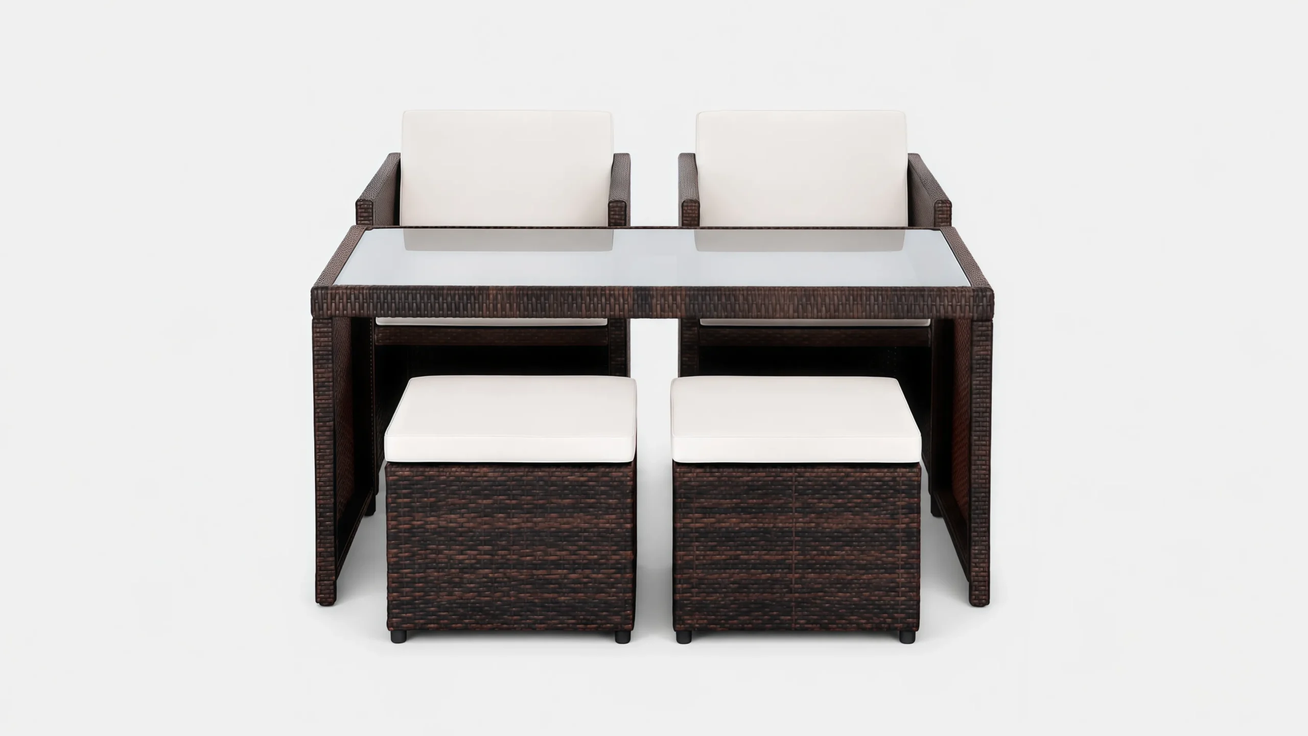 PE Rattan Cube Dining Set with 2 Armchairs, 2 Ottomans & Square Glass Table for Patio Café Hotel