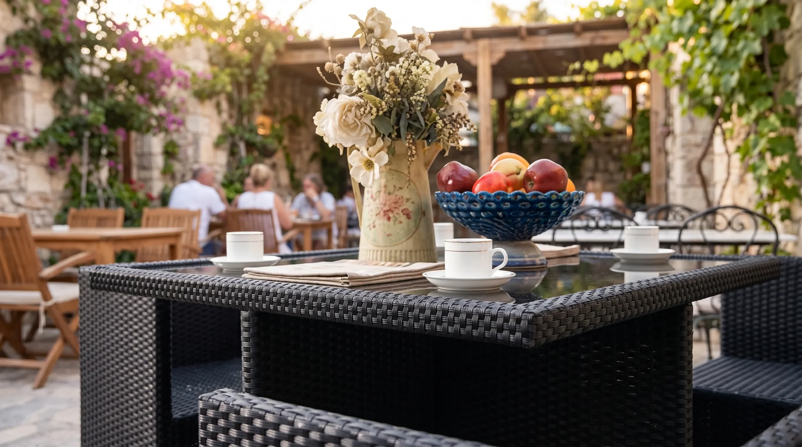 PE Rattan Outdoor Dining Set with 4 Chairs & Glass-Top Table for Patio, Balcony & Café