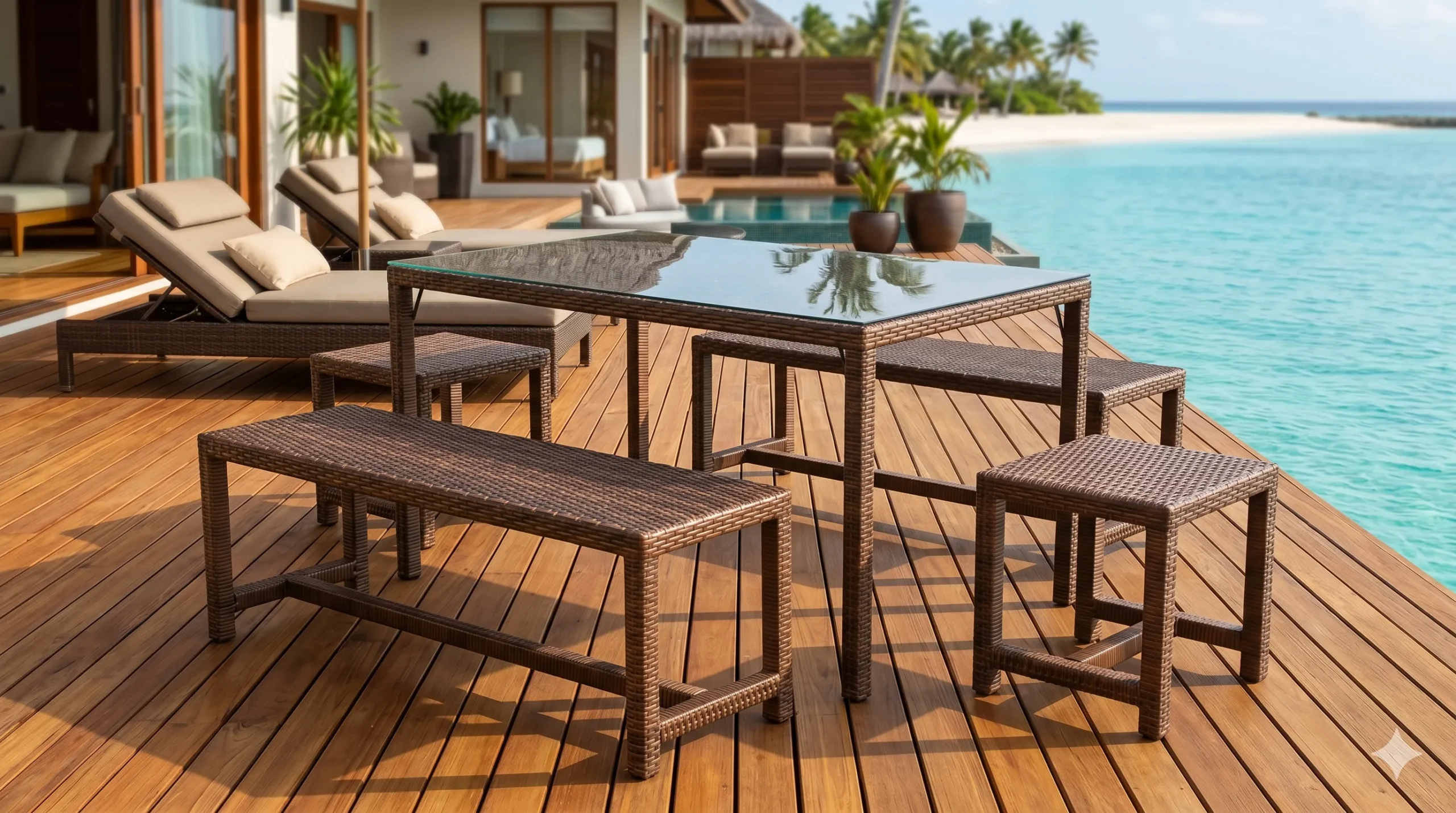 Weather-Resistant PE Rattan Outdoor Dining Set with Glass Table, Bench & Stools