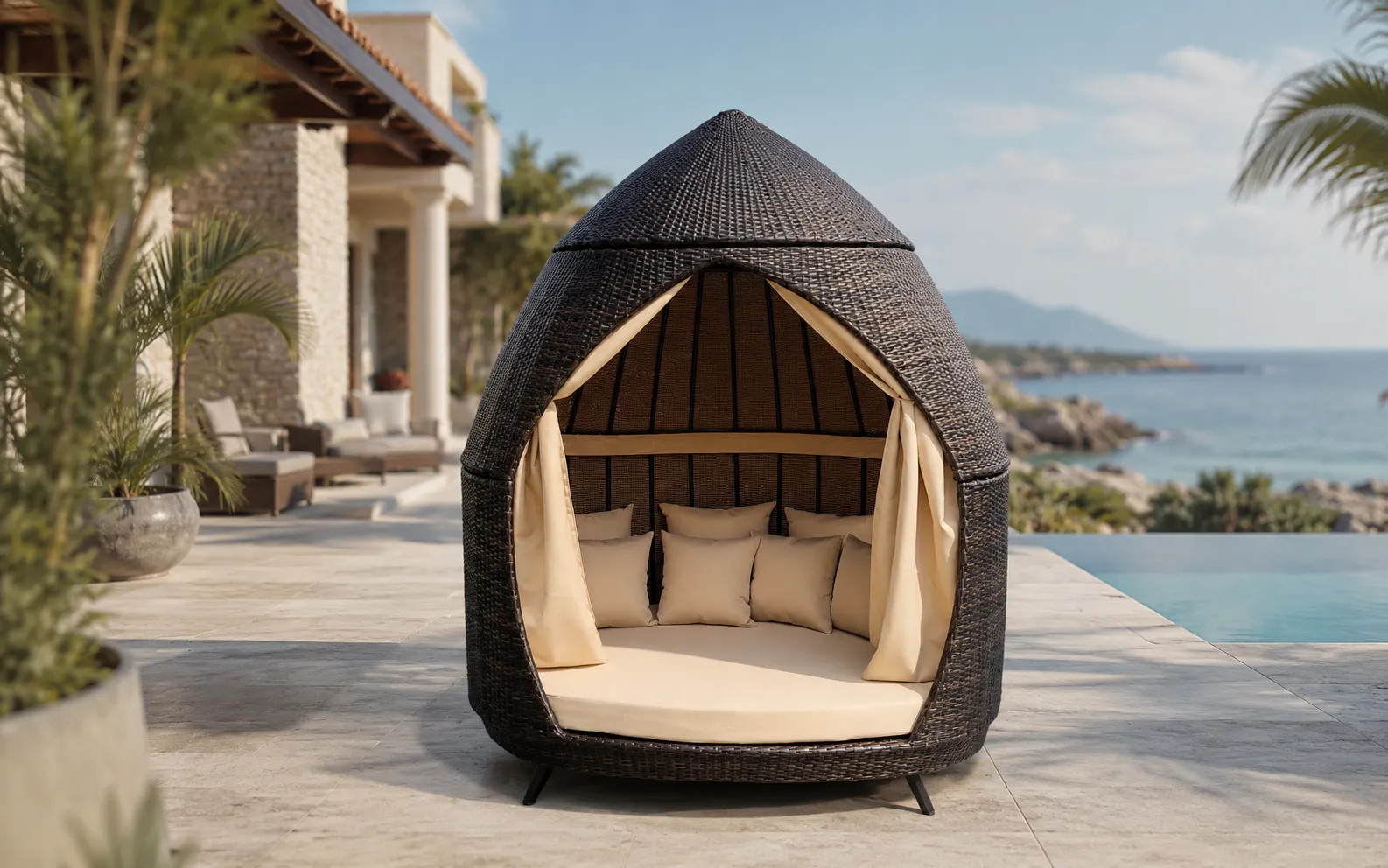 PE rattan outdoor cabana daybed with curtains for resort poolside lounge