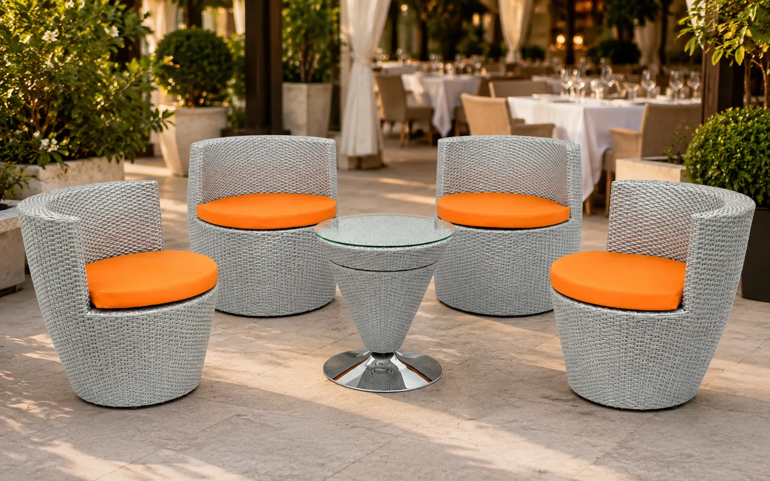 XIMU Furniture PE rattan outdoor conversation set with orange cushions and round glass table
