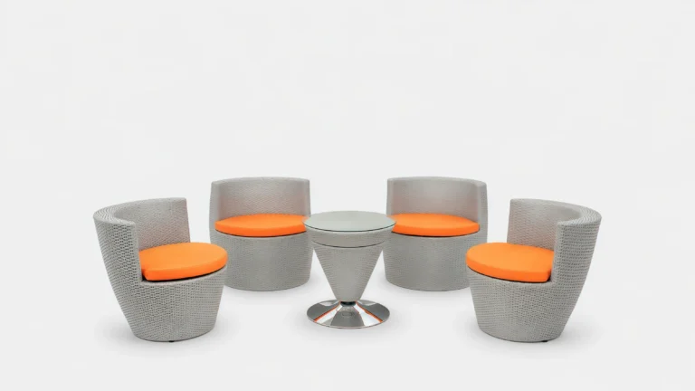 PE Rattan Outdoor Conversation Set with 4 Curved Chairs, Orange Cushions & Round Glass Table