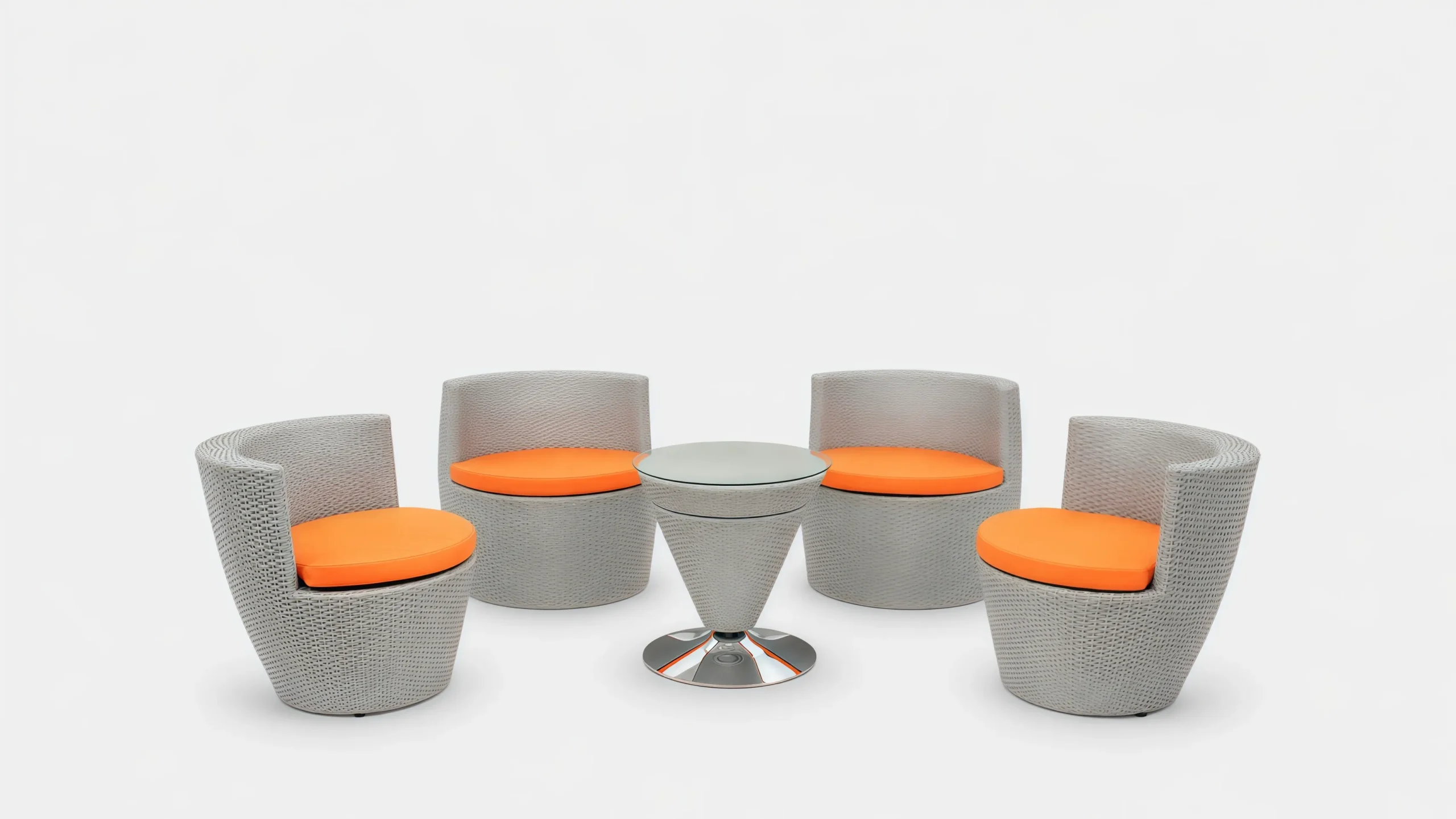 PE Rattan Outdoor Conversation Set with 4 Curved Chairs, Orange Cushions & Round Glass Table