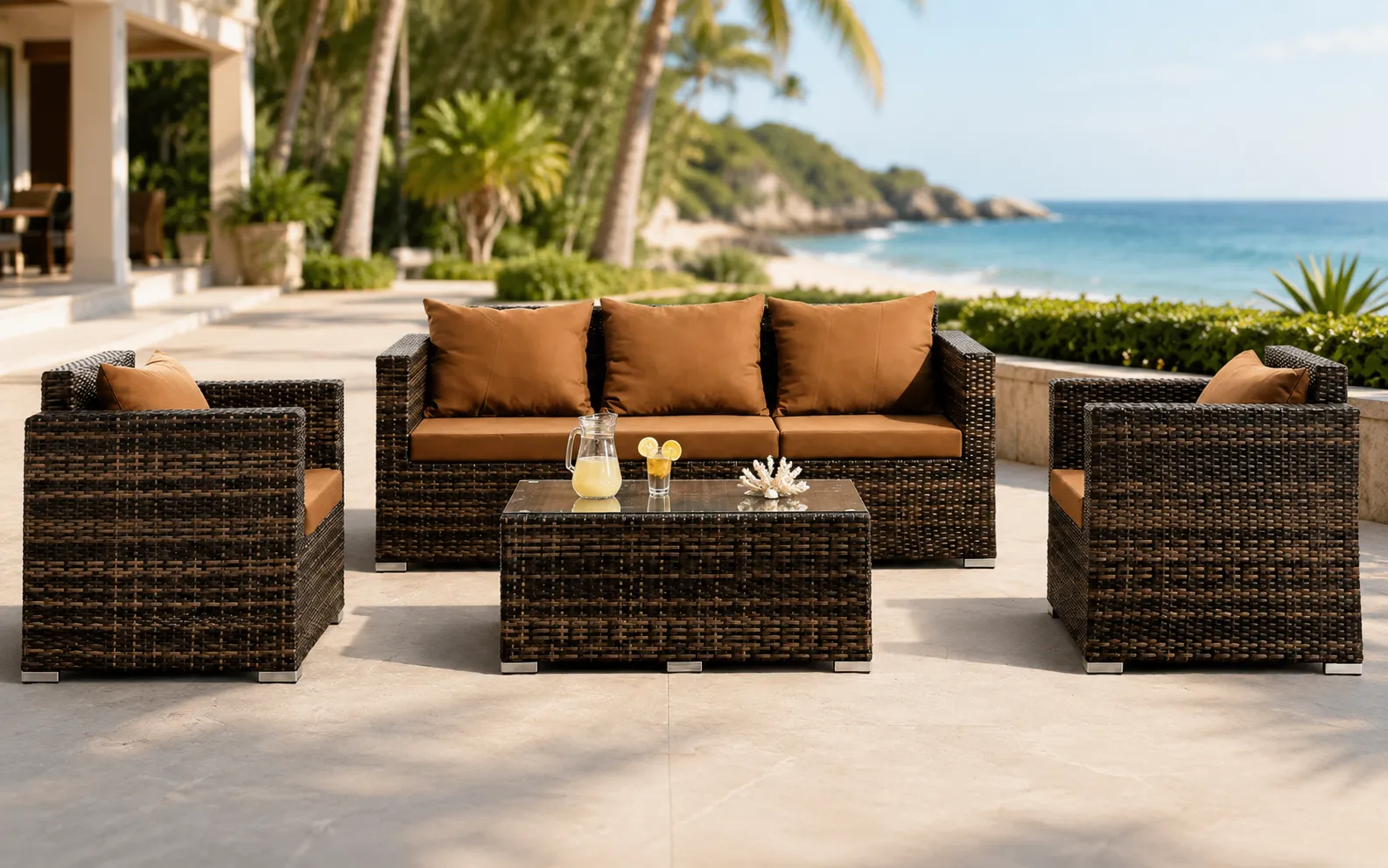 XIMU Furniture PE rattan outdoor conversation sofa set with armchairs and coffee table