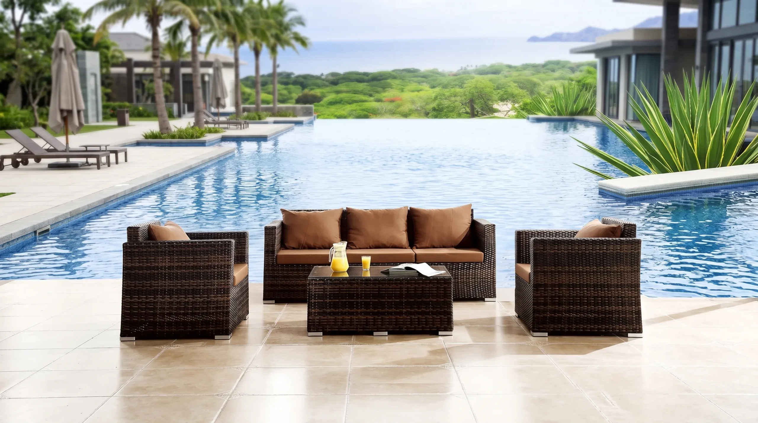 PE Rattan Outdoor Conversation Sofa Set with Armchairs & Coffee Table