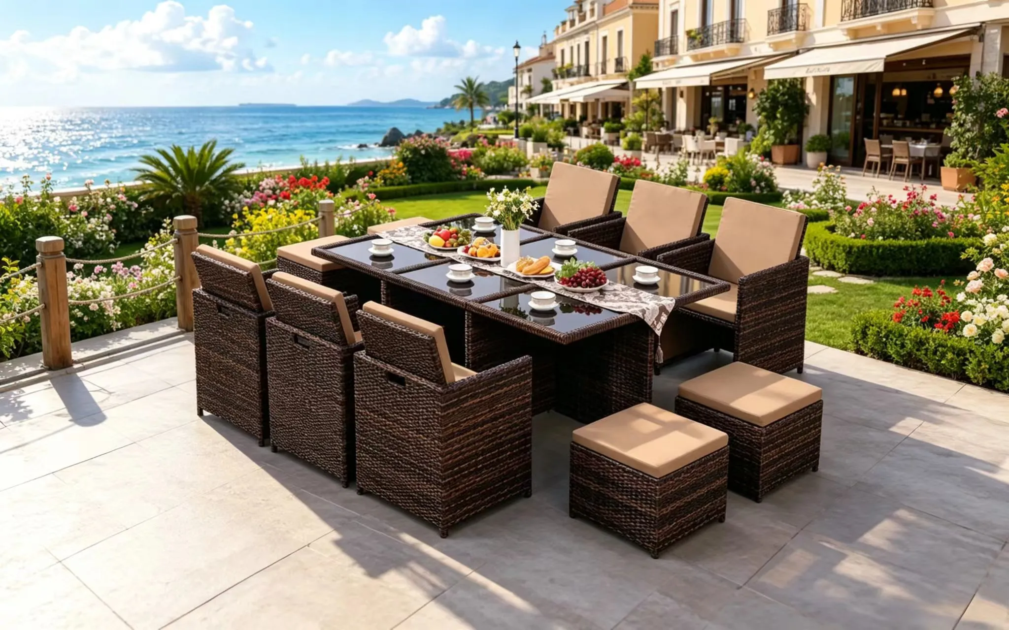 XIMU Furniture PE rattan outdoor dining set with 6 chairs, 4 stools and rectangular glass table