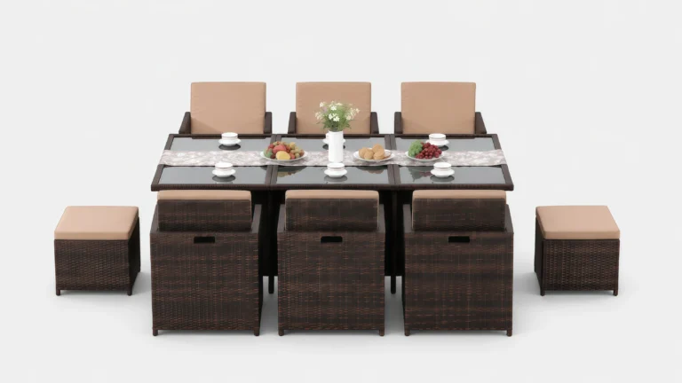 PE Rattan Outdoor Dining Set with 6 Chairs, 4 Stools & Rectangular Glass Table for Hotel Patio