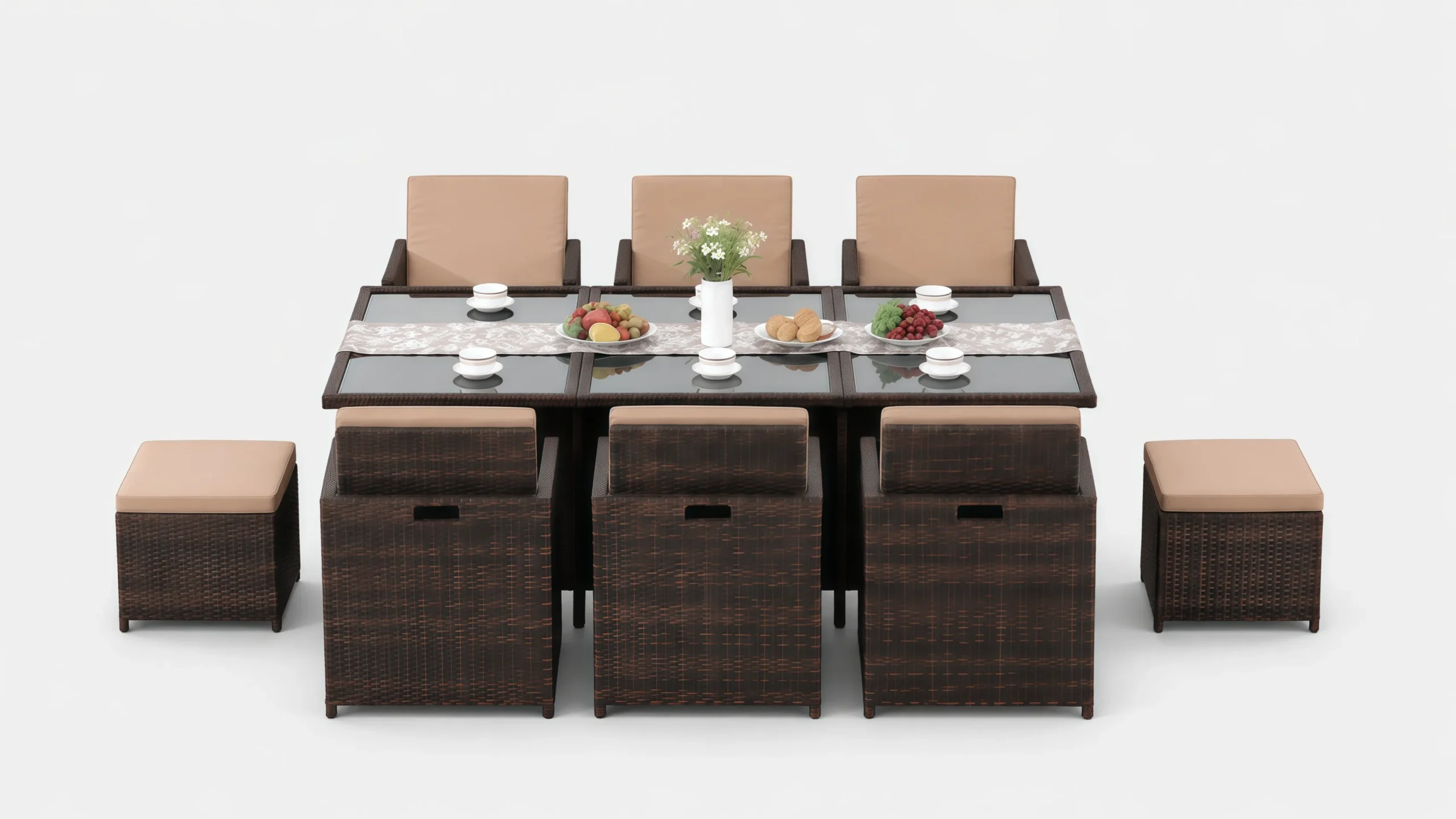 PE Rattan Outdoor Dining Set with 6 Chairs, 4 Stools & Rectangular Glass Table for Hotel Patio